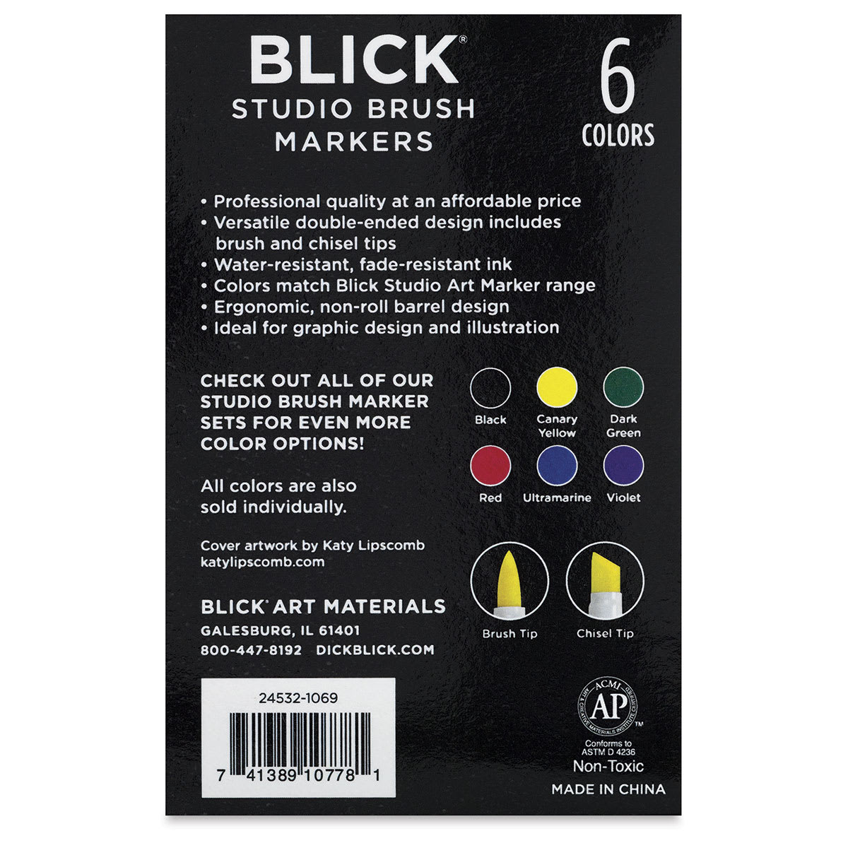 Blick Studio Brush Markers - Assorted Colors, Set of 6 - back of packaging
