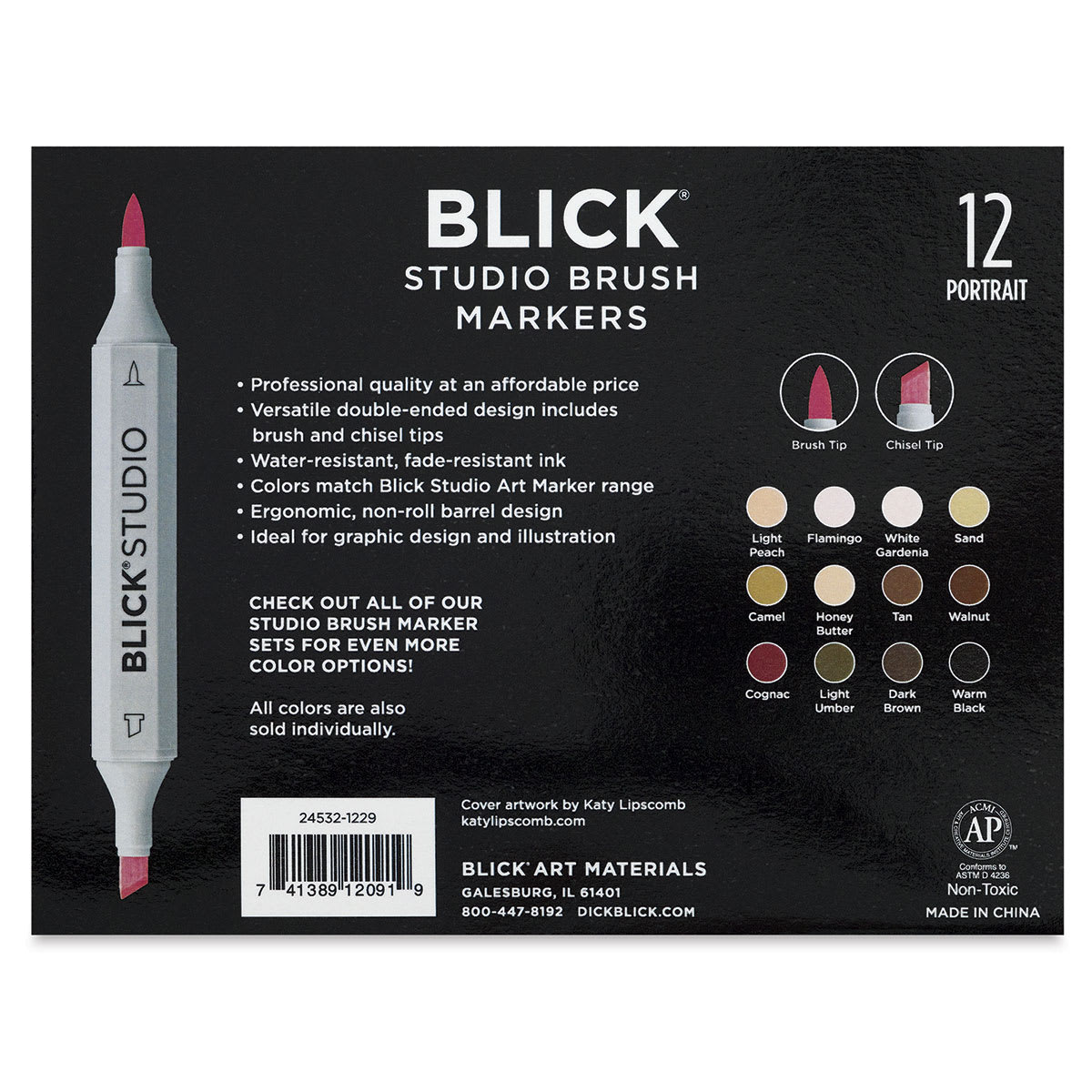 Blick Studio Brush Markers -  Portrait Colors, Set of 12 (Back of package)