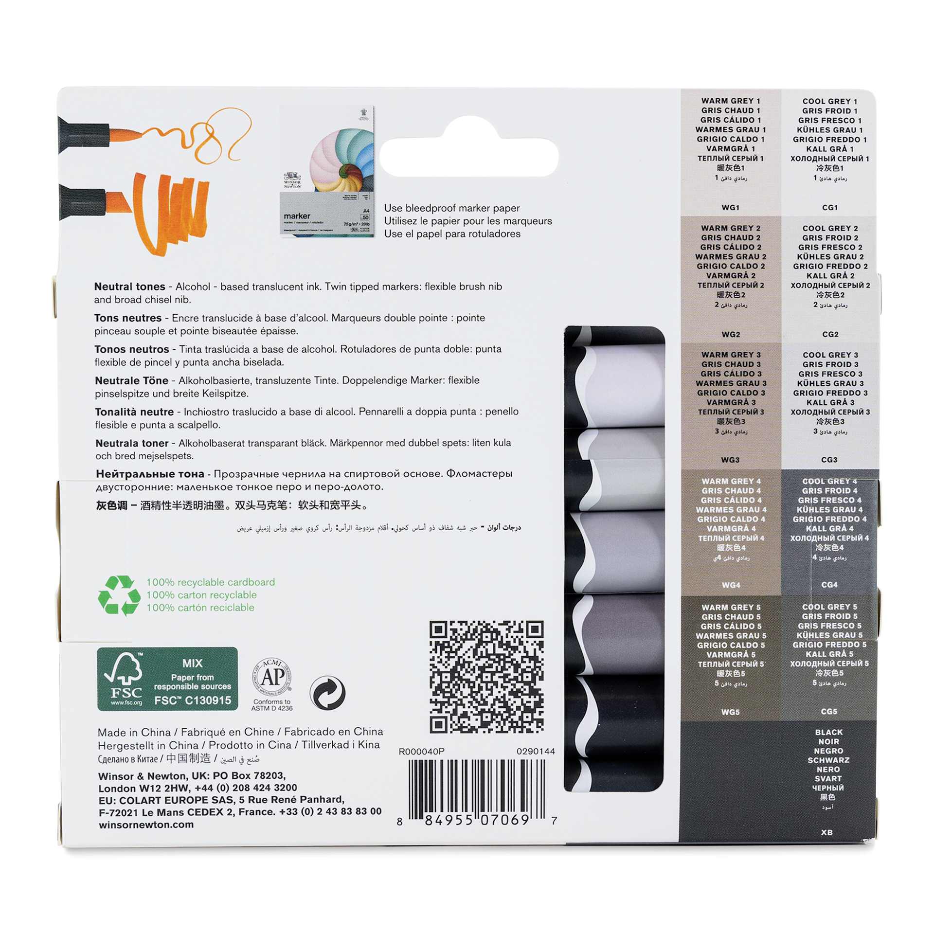 Winsor & Newton Promarker Brush Markers - Neutral Tones, Set of 12, back of the packaging