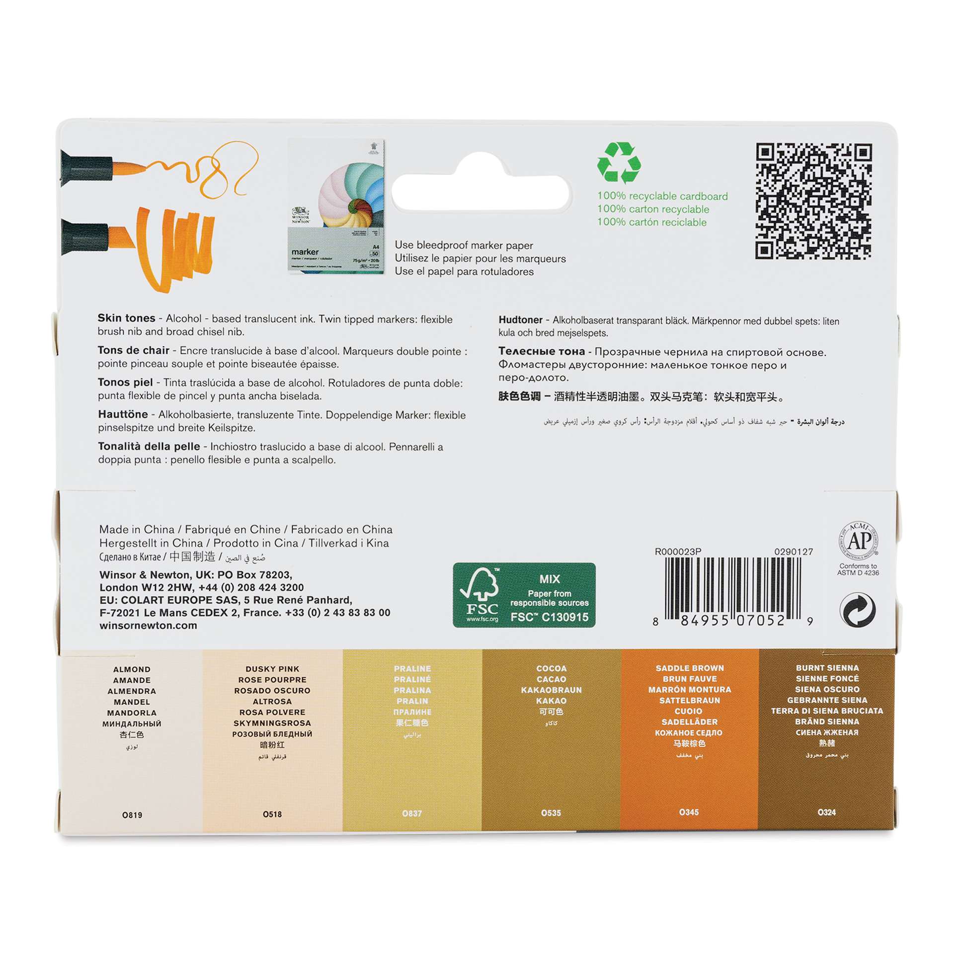 Winsor & Newton Promarker Brush Markers - Skin Tones, Set of 6, back of the packaging