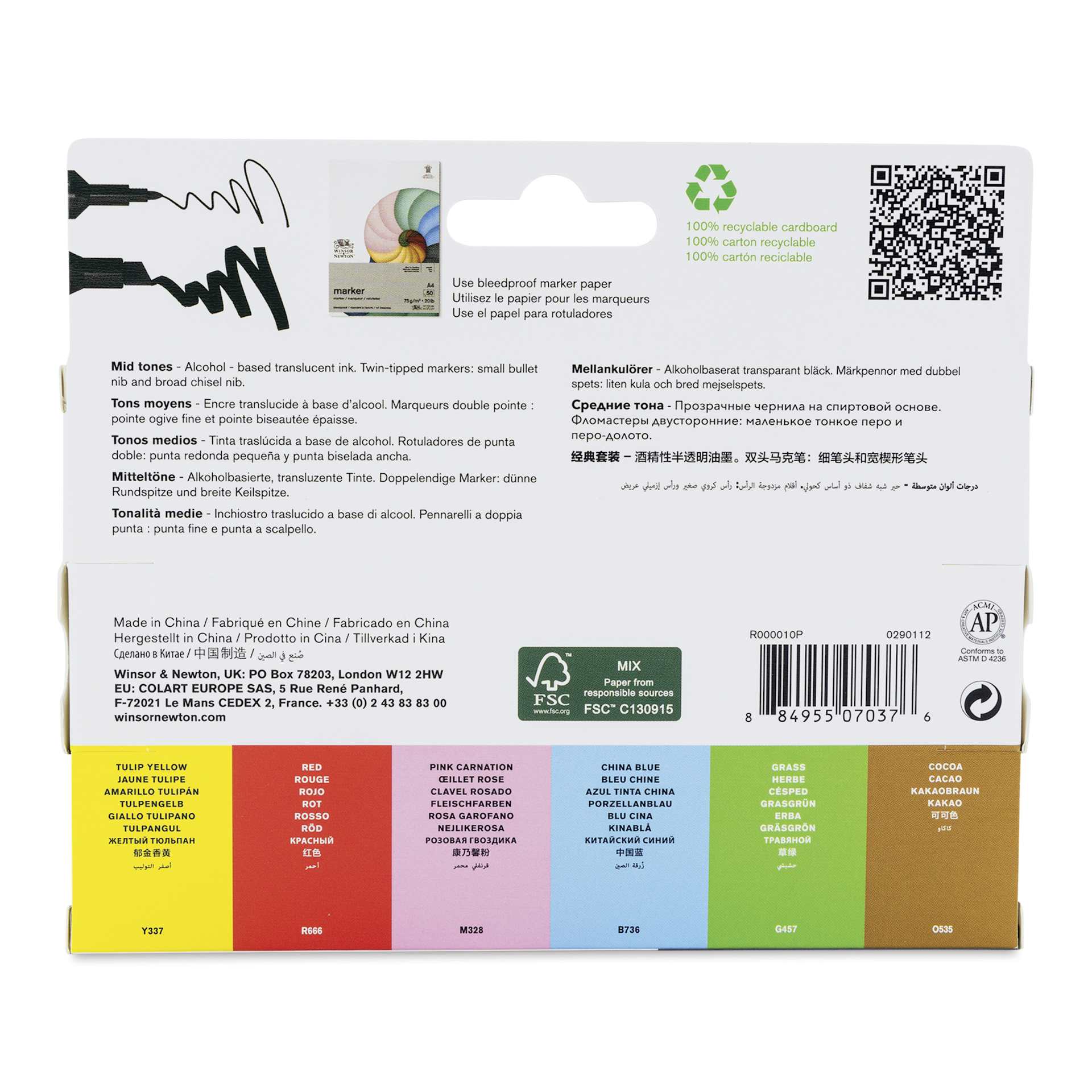 Winsor & Newton Promarkers - Mid Tones, Set of 6, back of the packaging