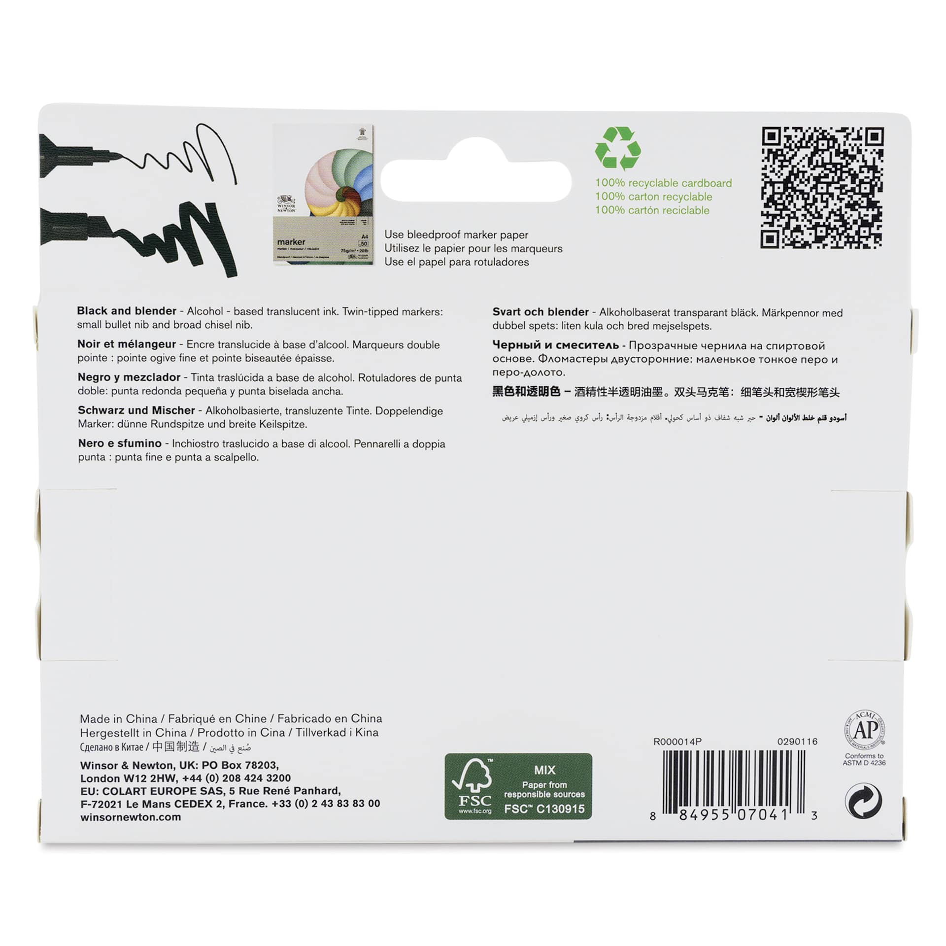 Winsor & Newton Promarkers - Black and Blender, Set of 6, back of the packaging