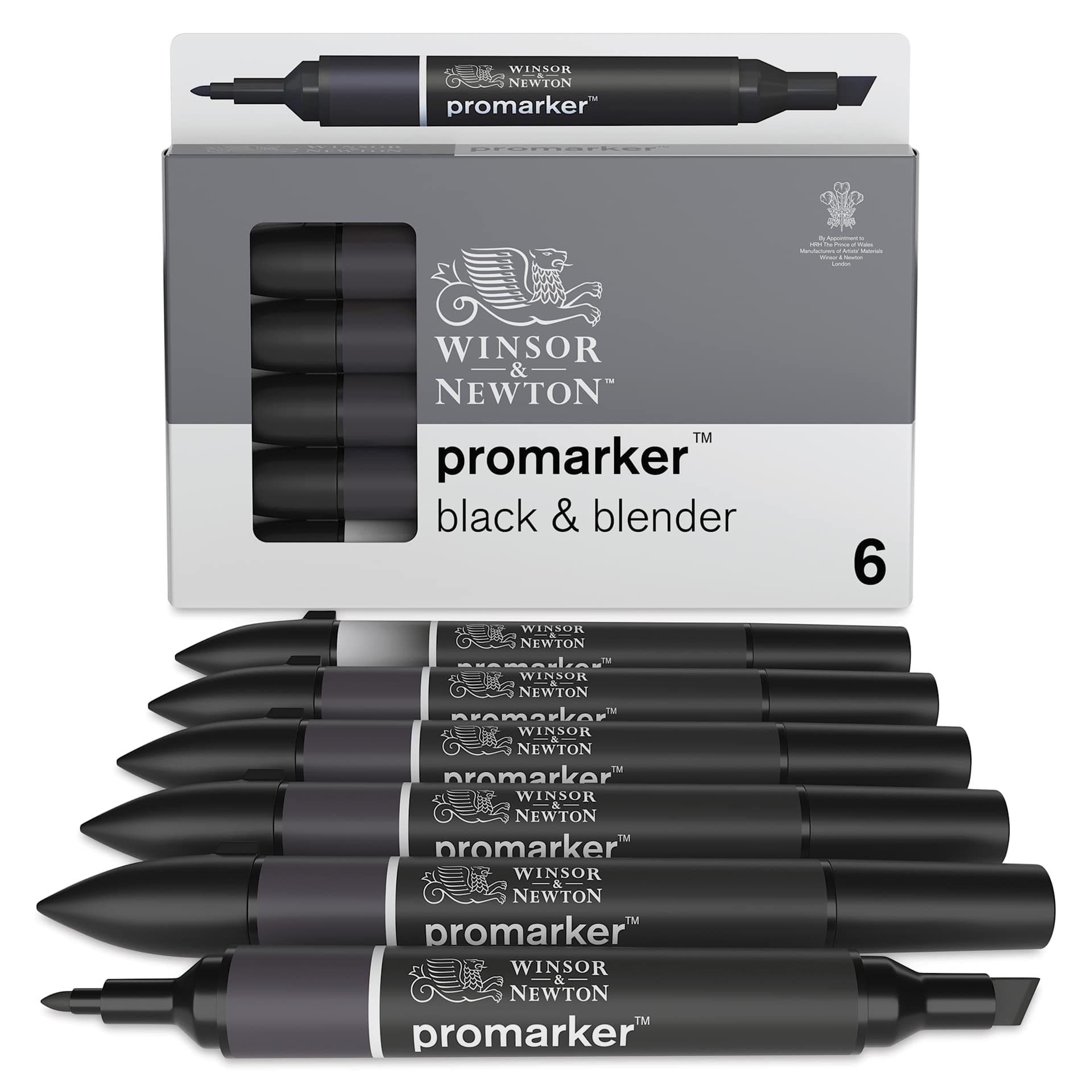 Winsor & Newton Promarkers - Black and Blender, Set of 6, markers laid out of the packaging