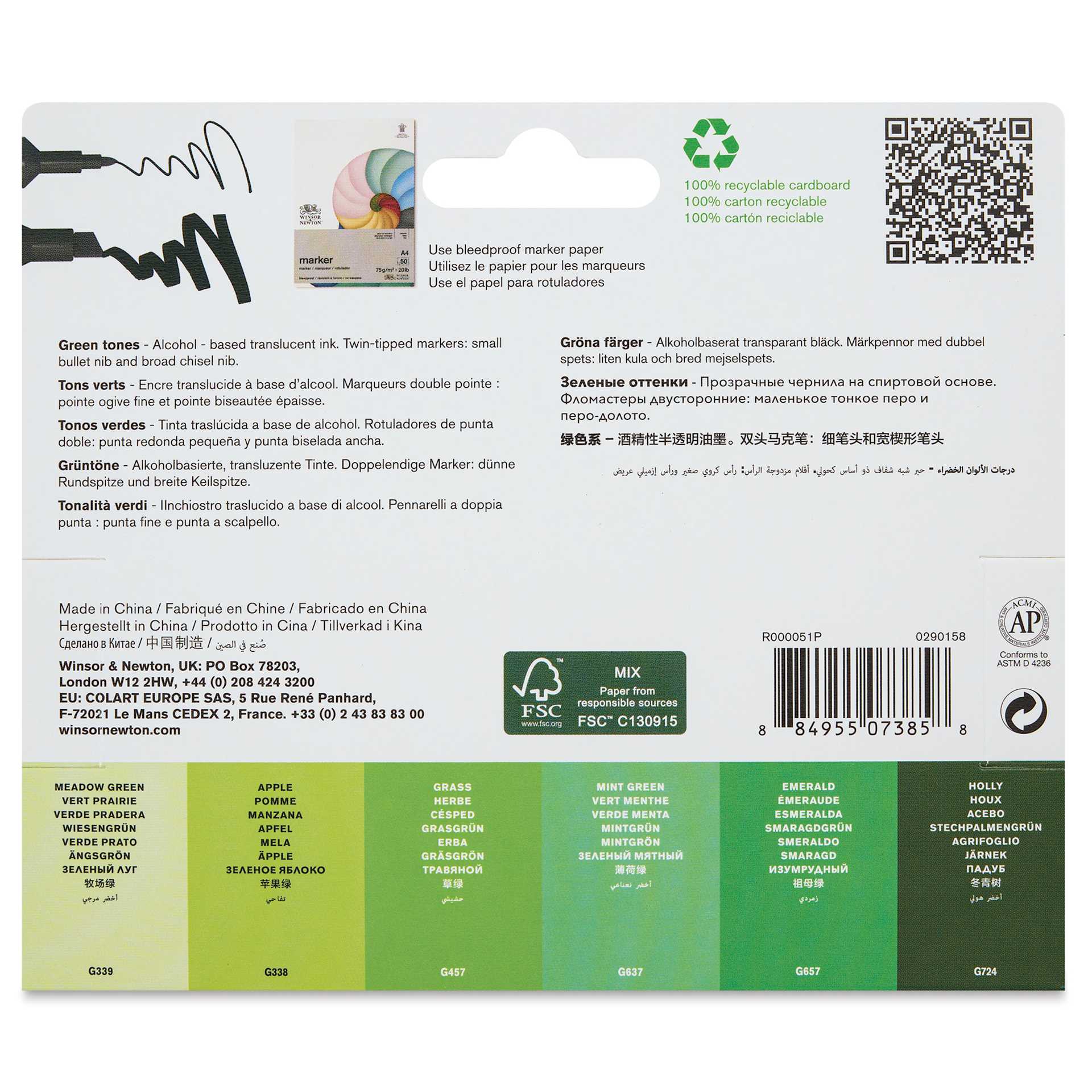 Winsor & Newton Promarker - Green Tones, Set of 6, back of packaging