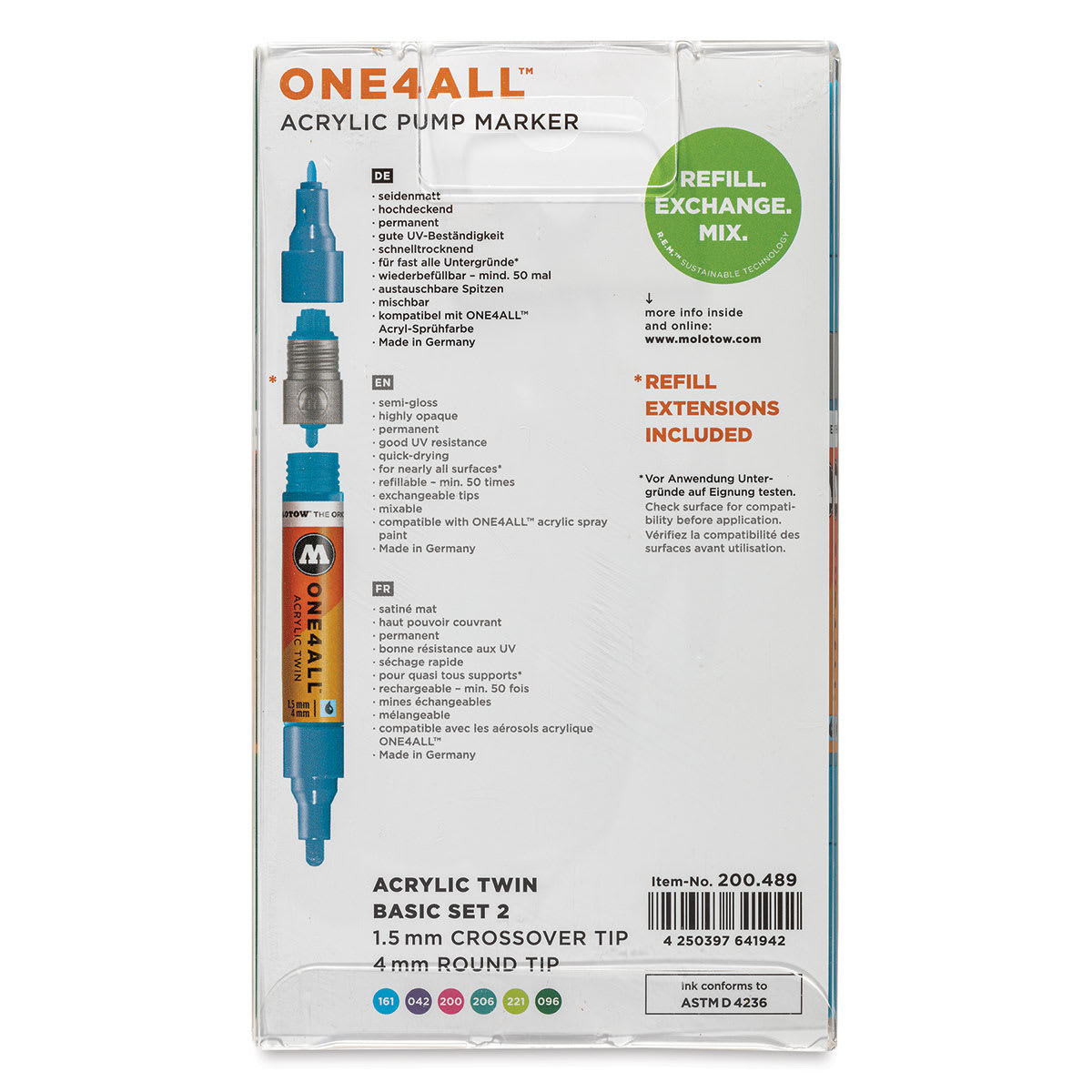 Molotow One4All Acrylic Twin Markers - Basic Colors 2, Set of 6 - back of packaging