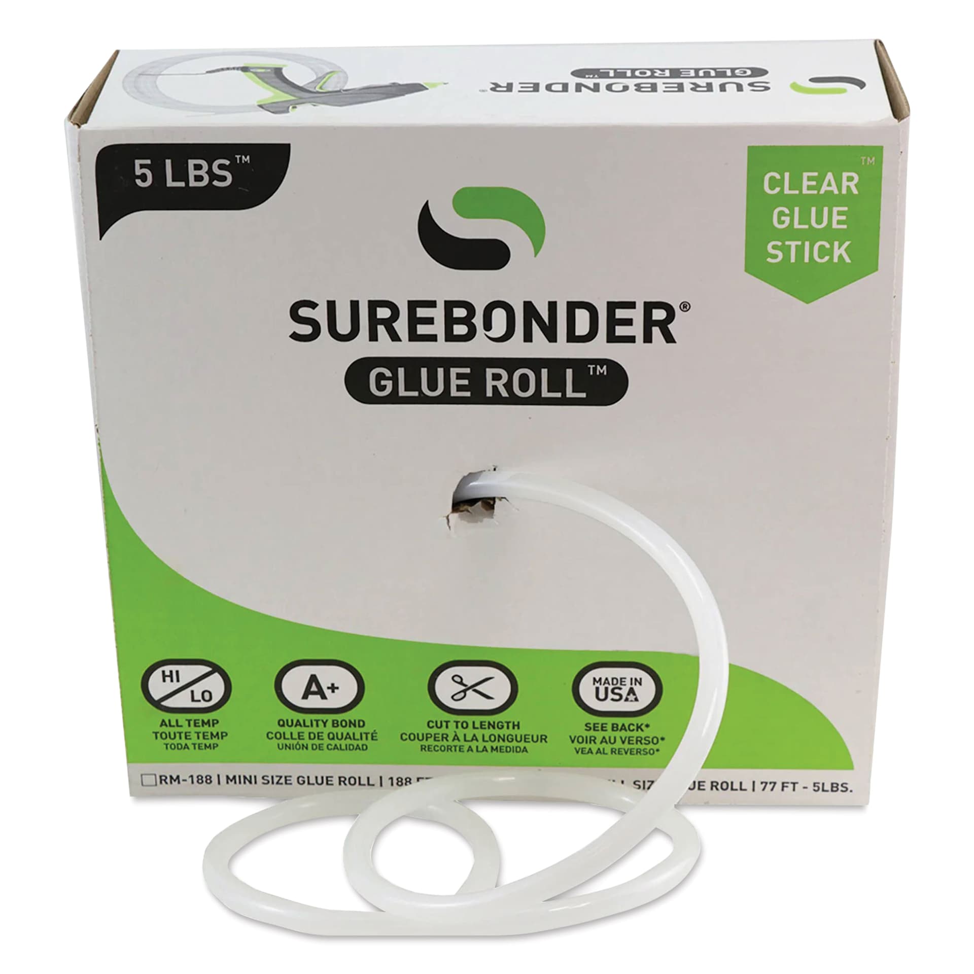 Surebonder Clear Stik Hot Glue Sticks - Roll, 77 ft, 5 lb - front of packaging