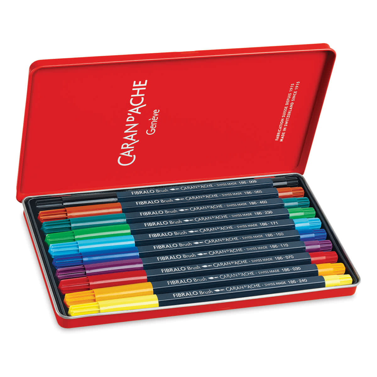 Caran d'Ache Fibralo Brush Marker Sets - Set of 10 markers shown in storage tin