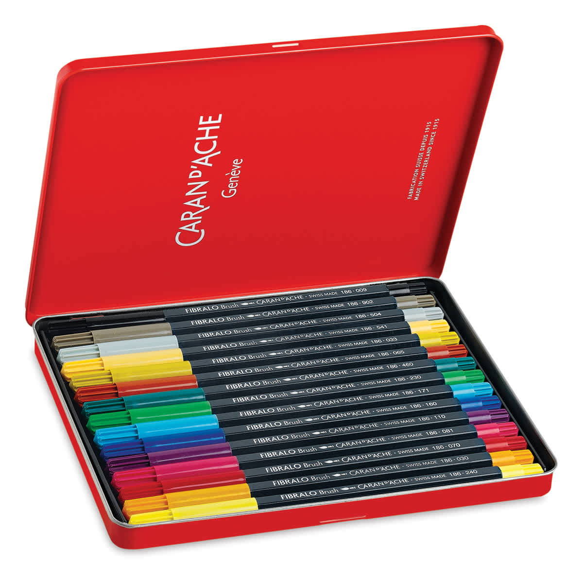 Caran d'Ache Fibralo Brush Marker Sets - Set of 15 markers shown in storage tin