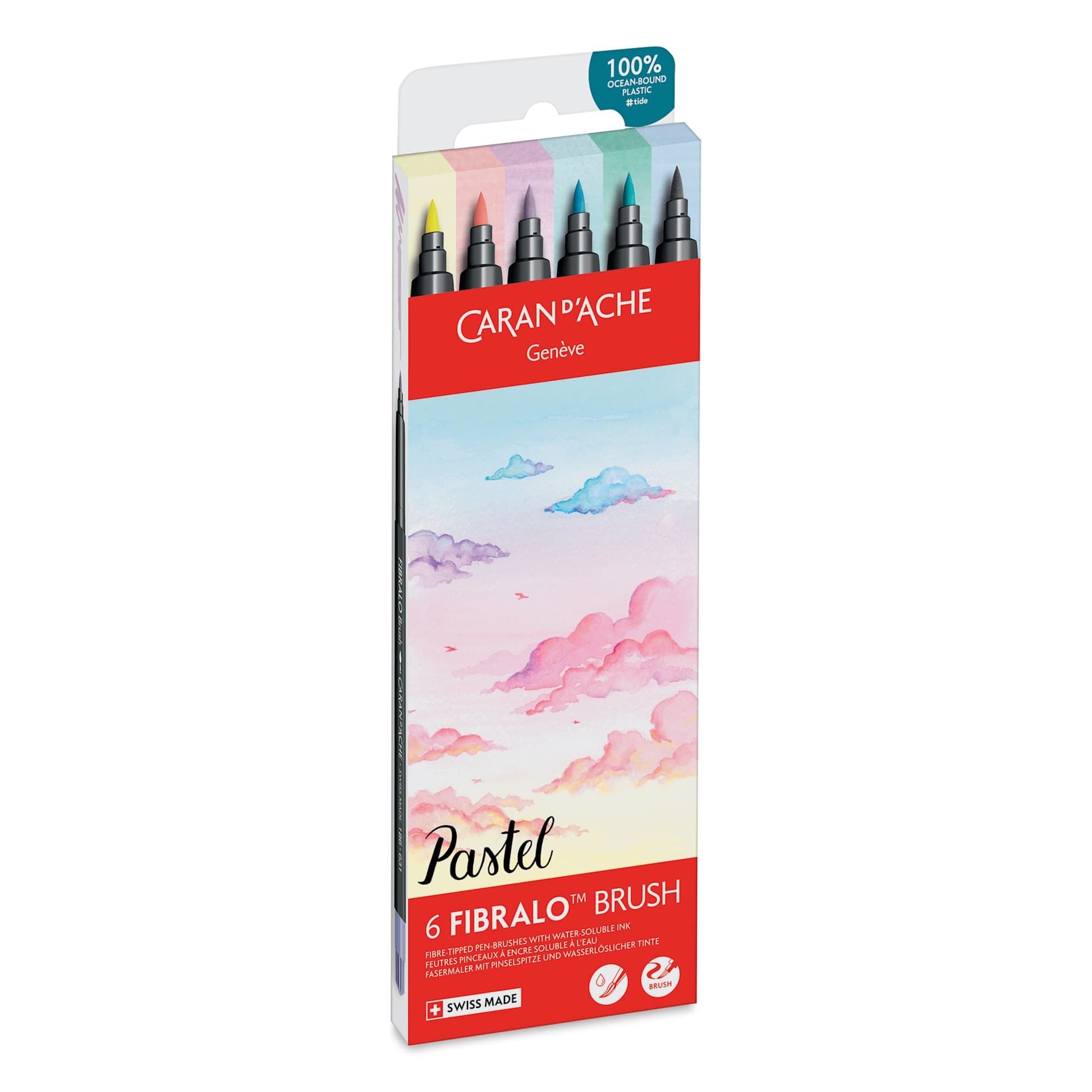 Caran d'Ache Fibralo Water-Soluble Brush Markers - Set of 6, Pastel, front of packaging 