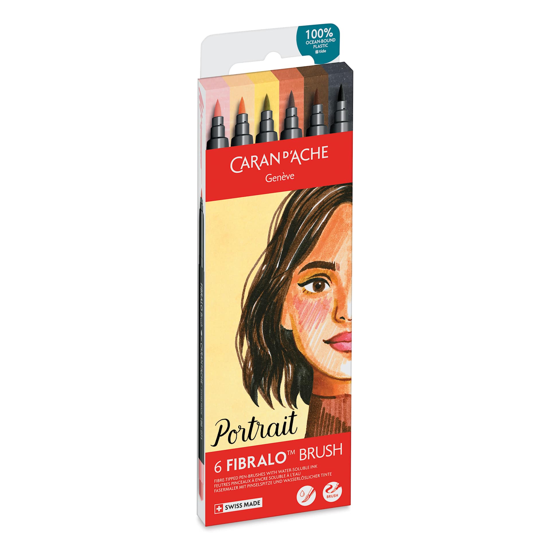Caran d'Ache Fibralo Water-Soluble Brush Markers - Set of 6, Portrait, front of packaing