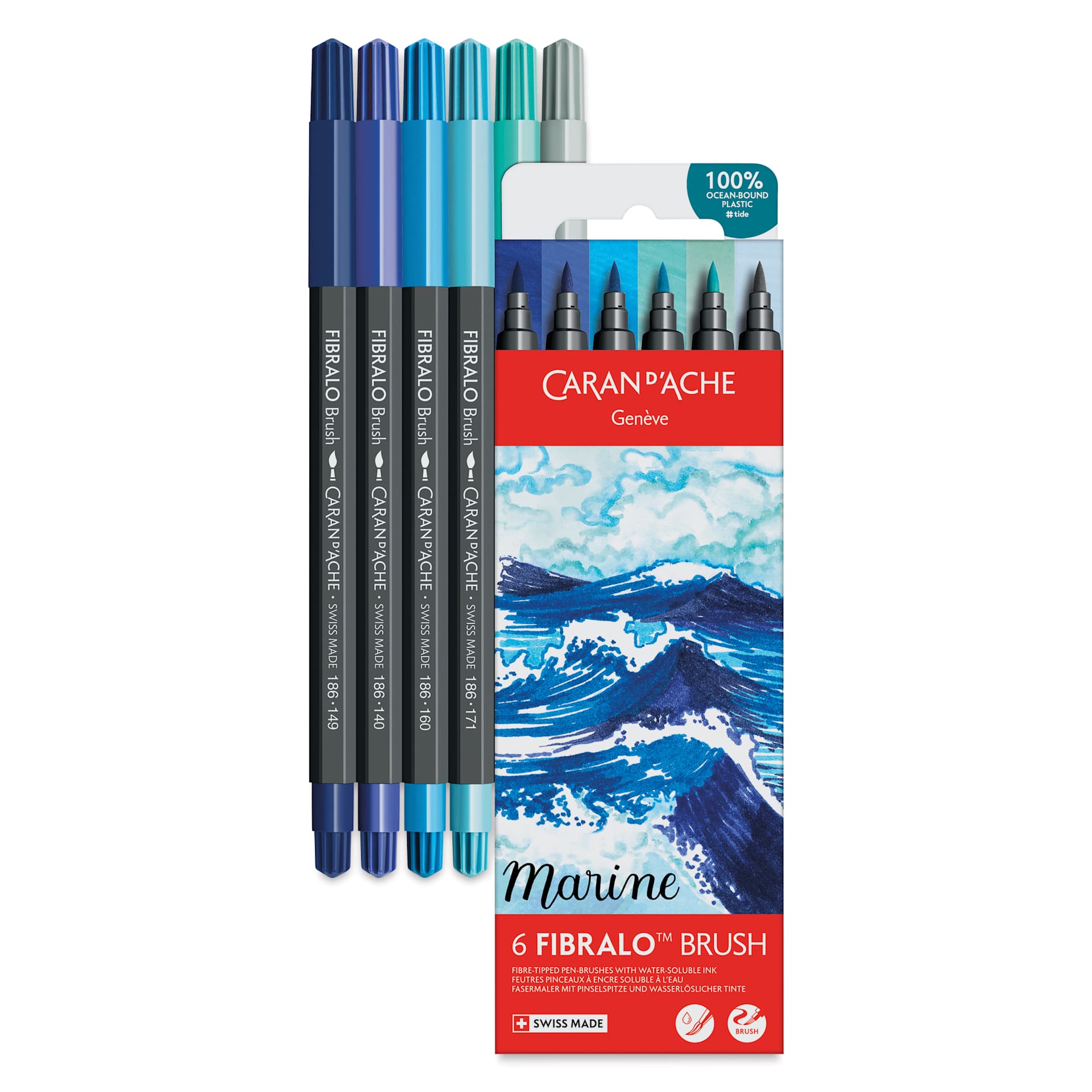 Caran d'Ache Fibralo Water-Soluble Brush Markers - Set of 6, Marine
