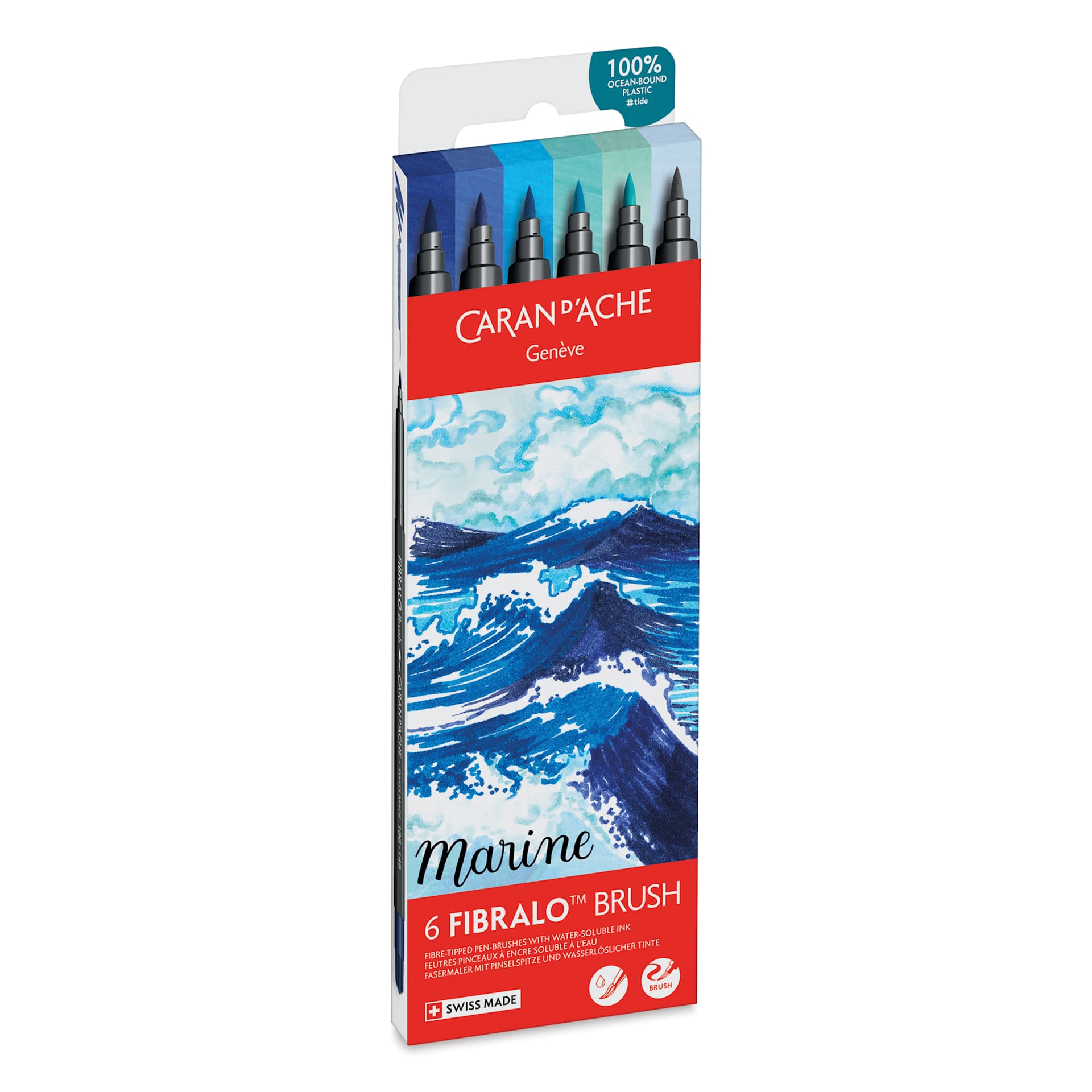 Caran d'Ache Fibralo Water-Soluble Brush Markers - Set of 6, Marine, front of packaging