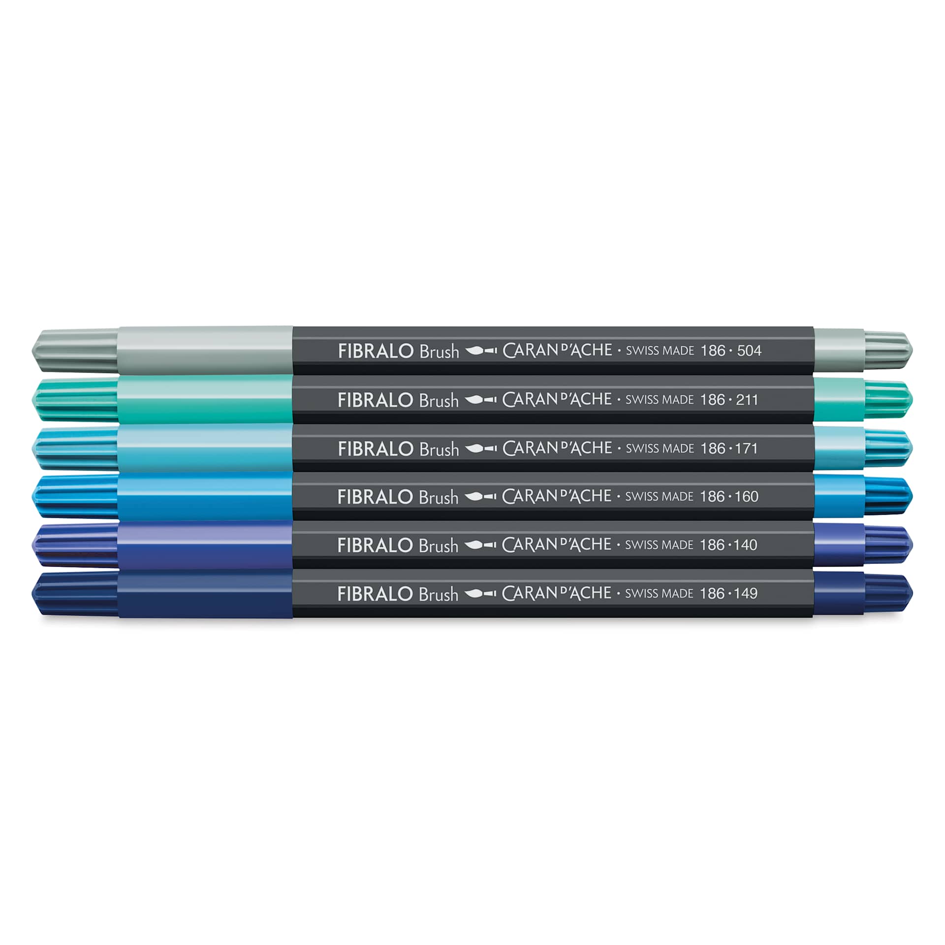 Caran d'Ache Fibralo Water-Soluble Brush Markers - Set of 6, Marine, contents