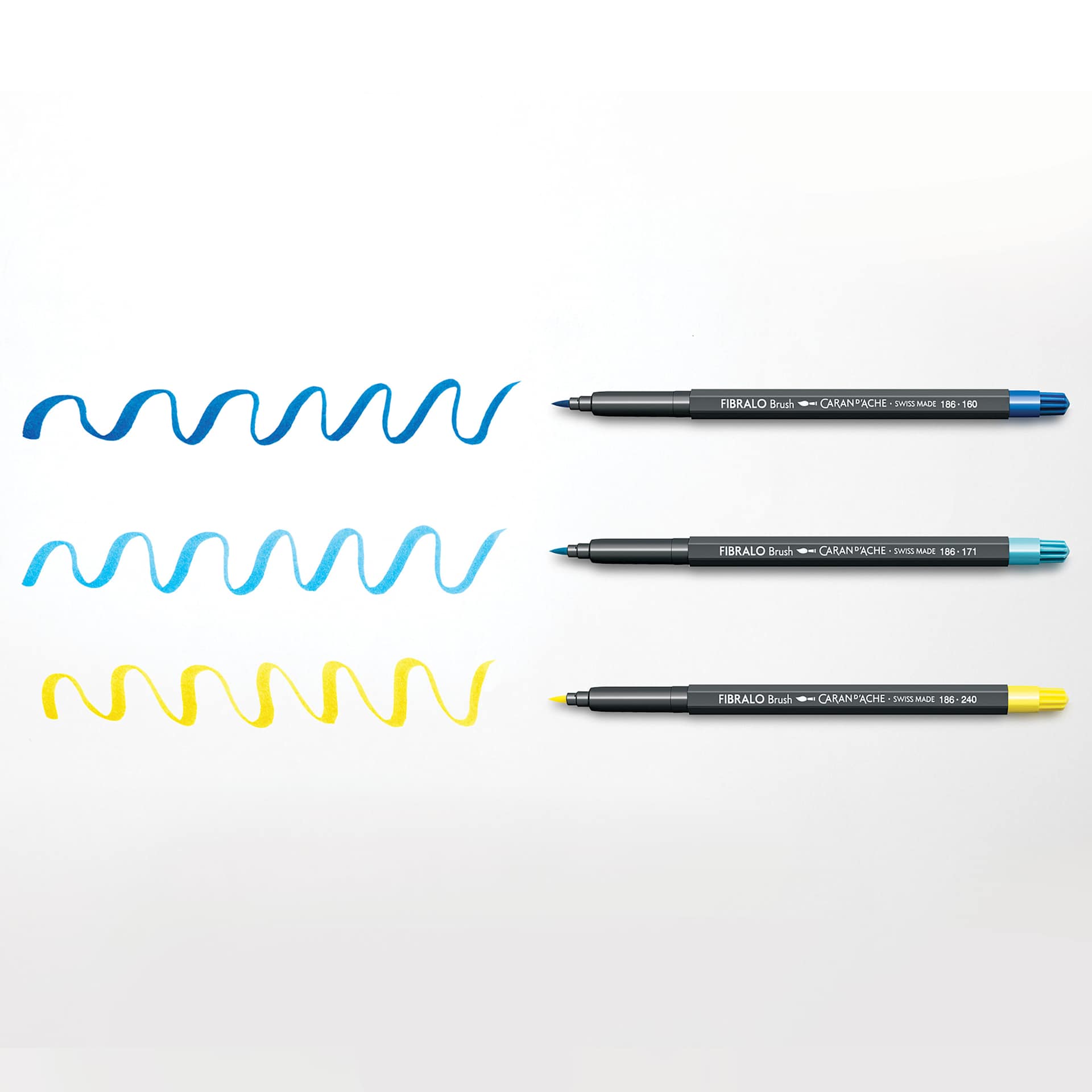 Caran d'Ache Fibralo Brush Markers, sample of brushstroke nib size next to three markers