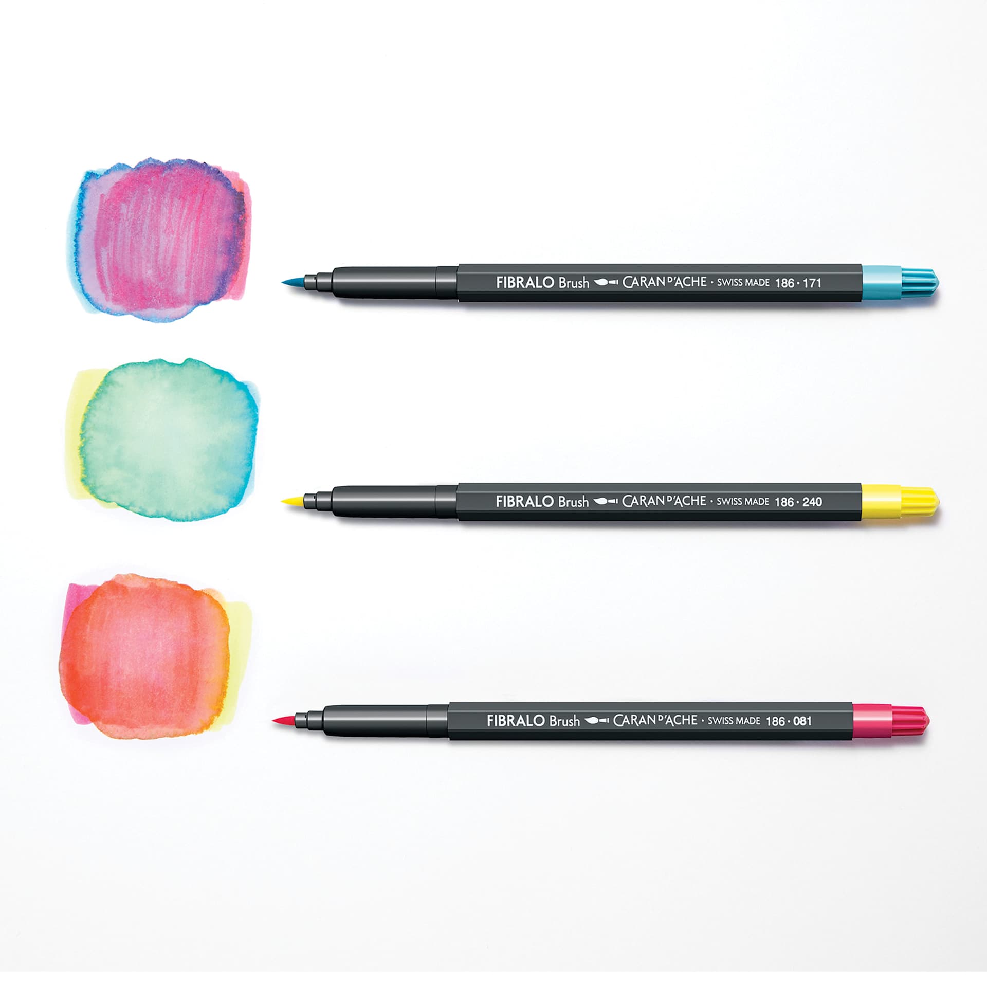 Caran d'Ache Fibralo Brush Markers, sample of overlaid colors next to three markers