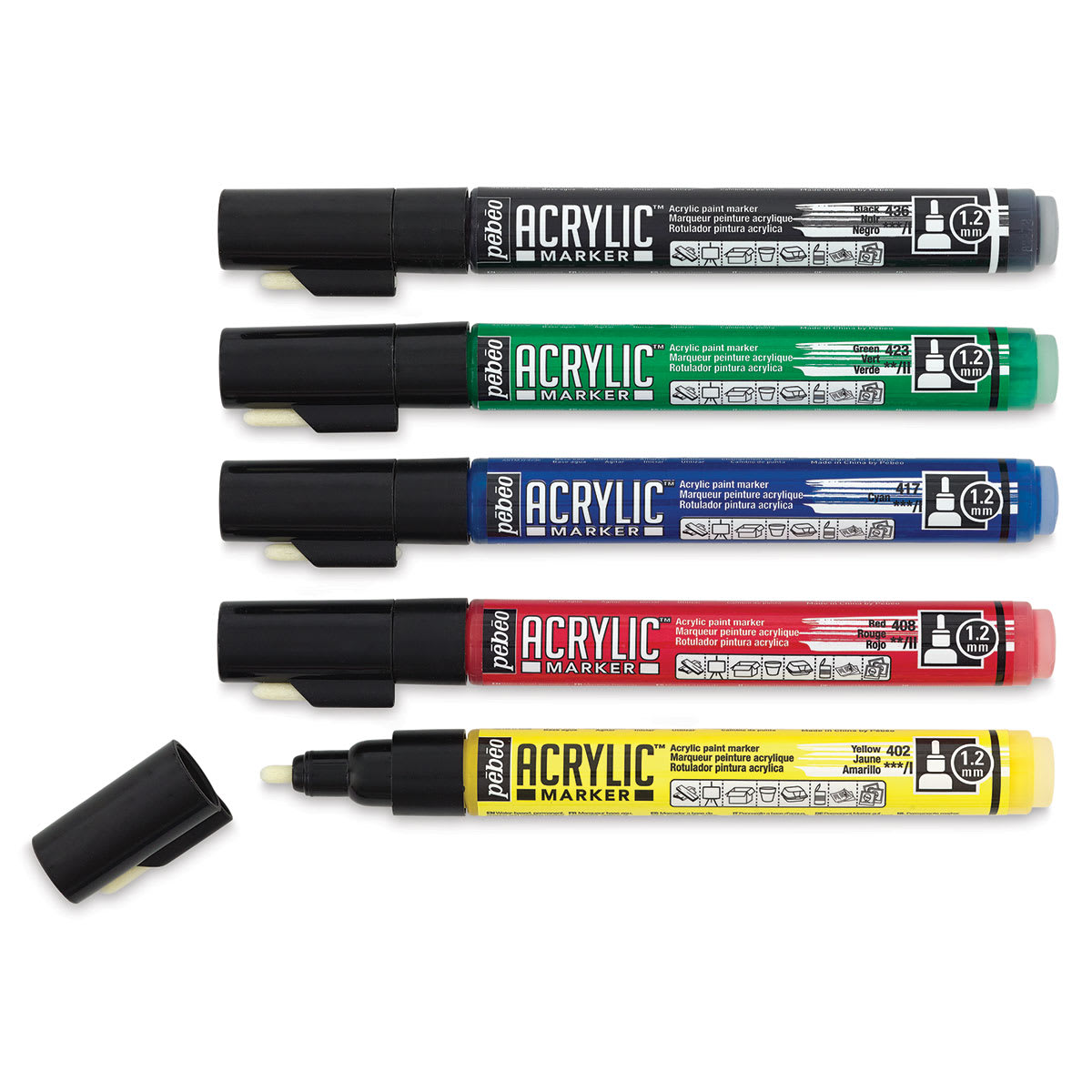 Pebeo Acrylic Markers - 5 pc Set of Primary Color Markers shown horizontally with one uncapped