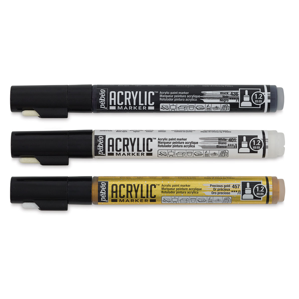 Pebeo Acrylic Markers - Capped Black, White, and Gold markers shown horizontally
