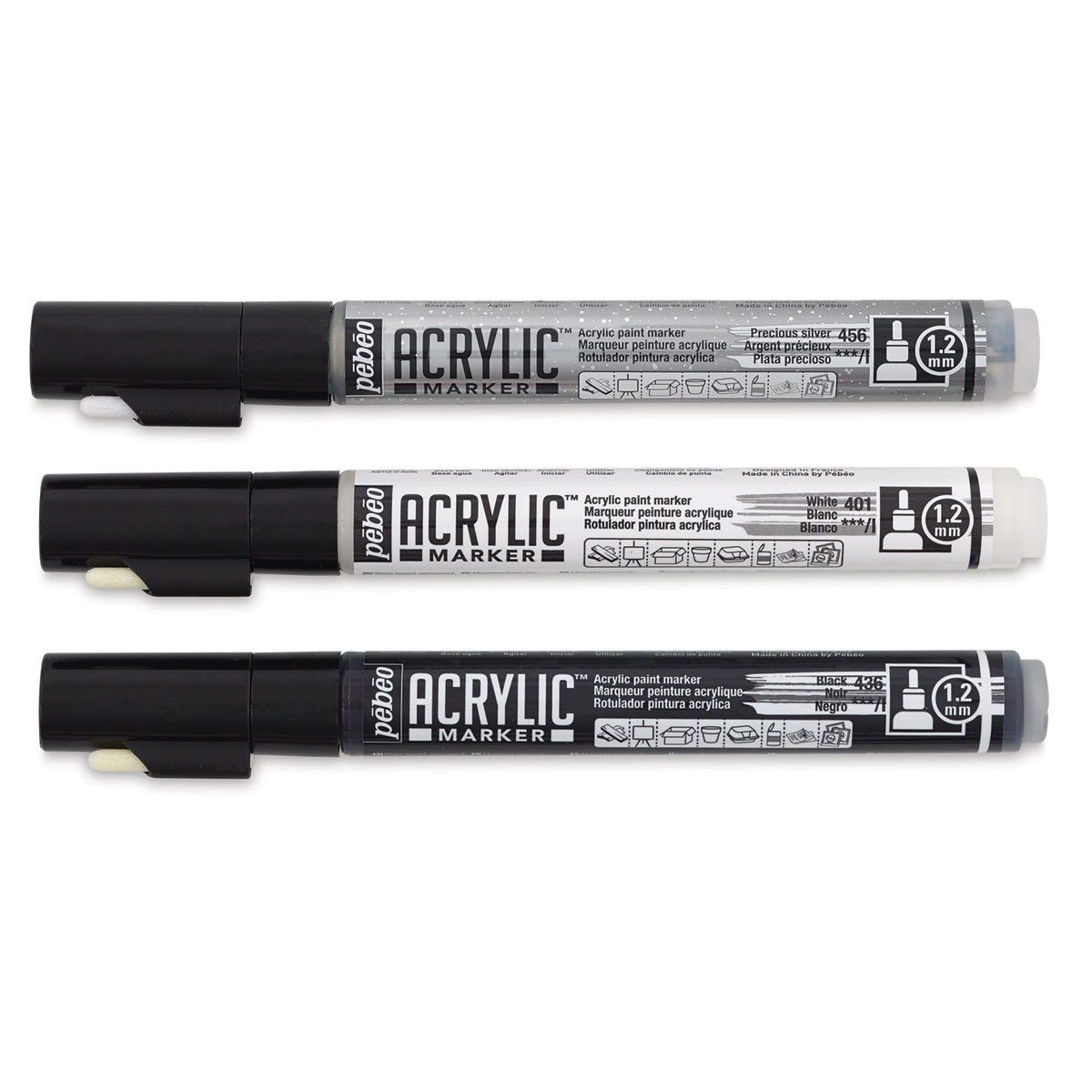 Pebeo Acrylic Markers - Capped Black, White, and Silver markers shown horizontally
