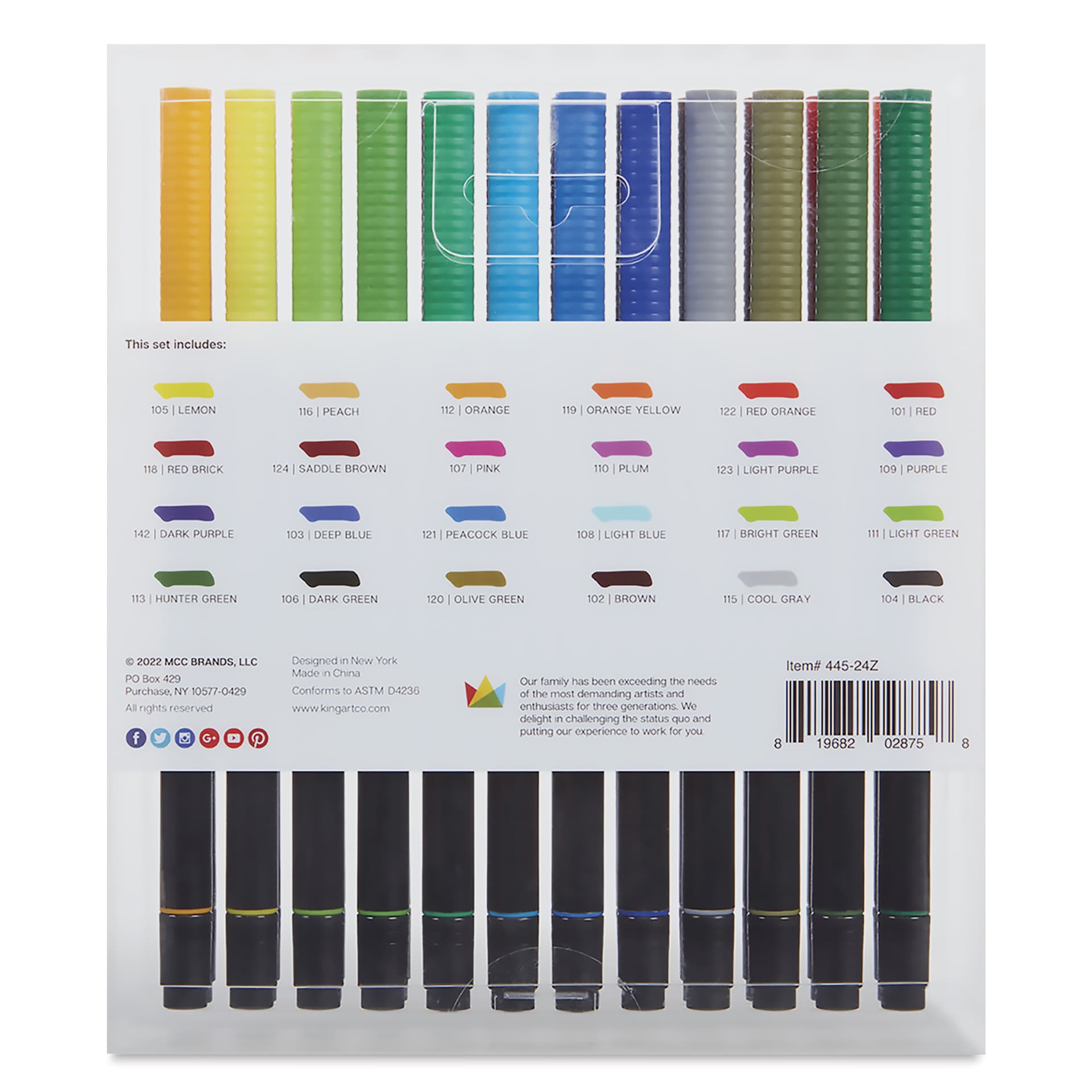 Kingart Twin-Tip Brush Pen Set - Set of 24, back of the packaging showing color chart