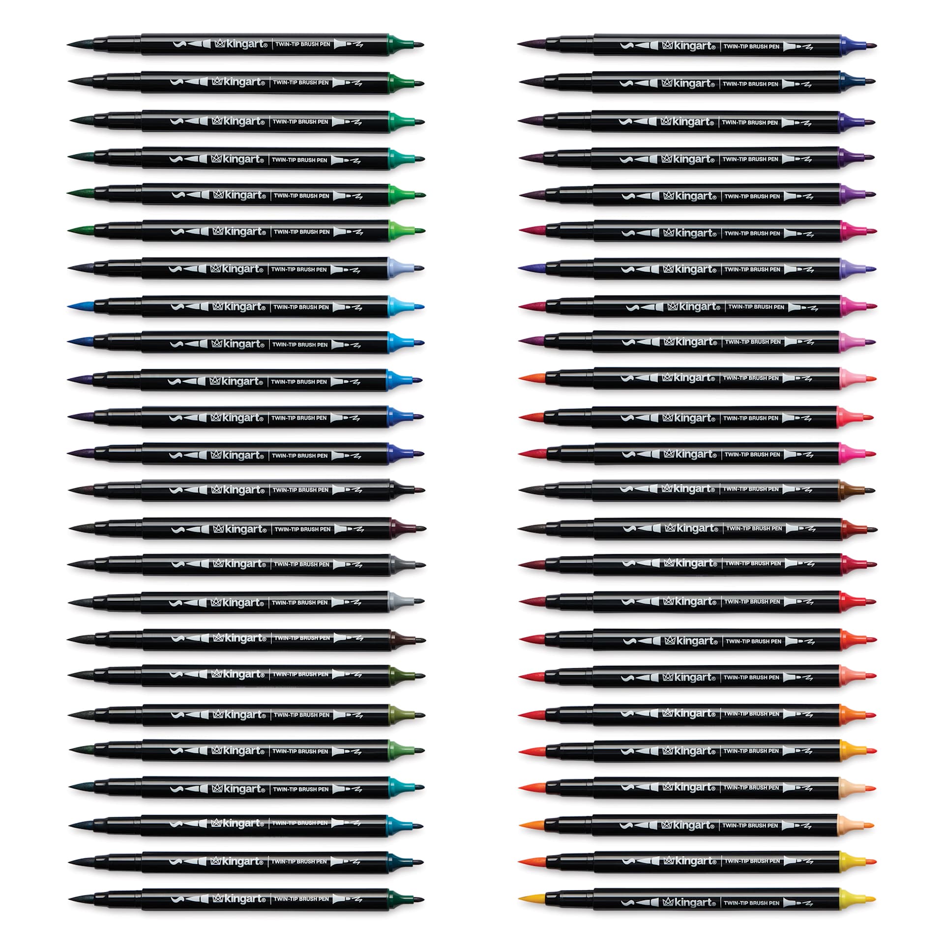 Kingart Twin-Tip Brush Pen Set - Set of 48, markers laid out with caps removed
