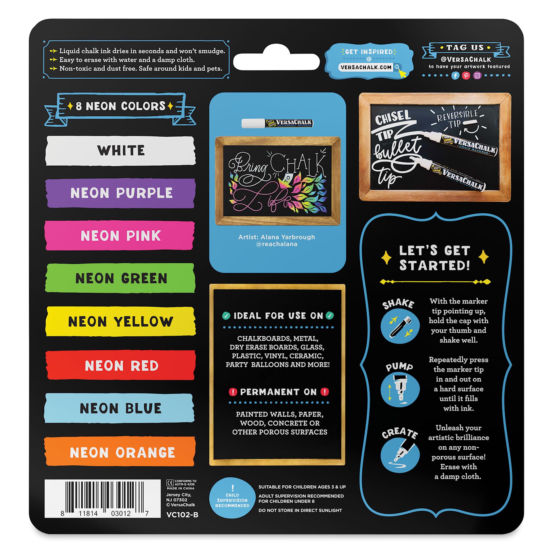 VersaChalk Wet Erase Liquid Chalk Markers - Set of 8, Neon Colors, Bold Tip, back of packaging