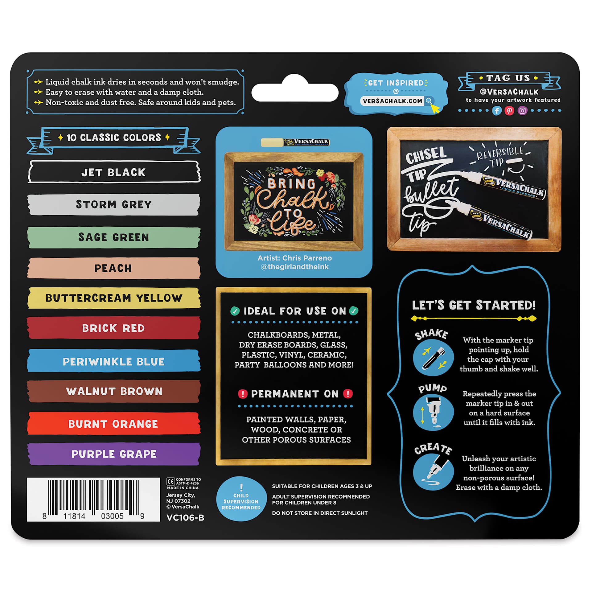 VersaChalk Wet Erase Liquid Chalk Markers - Set of 10, Classic Colors, Bold Tip (back of packaging)