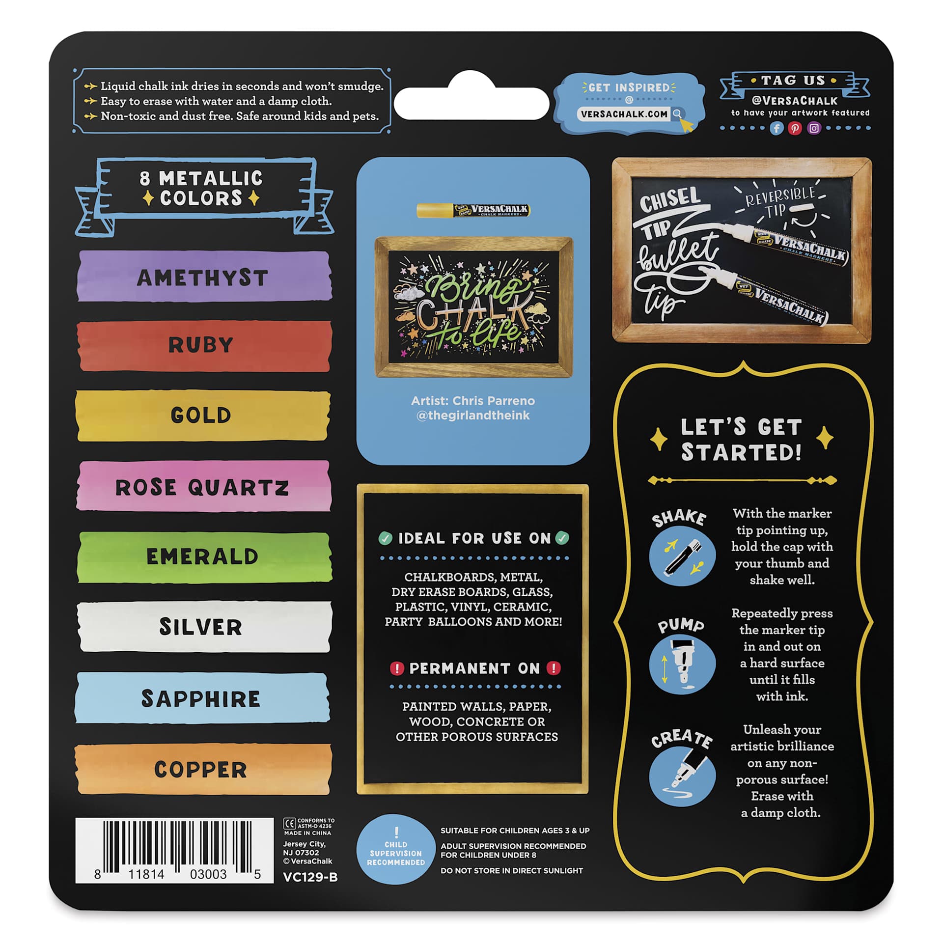 VersaChalk Wet Eraser Liquid Chalk Markers - Set of 8, Metallic Colors, Bold Tip, back of packaging