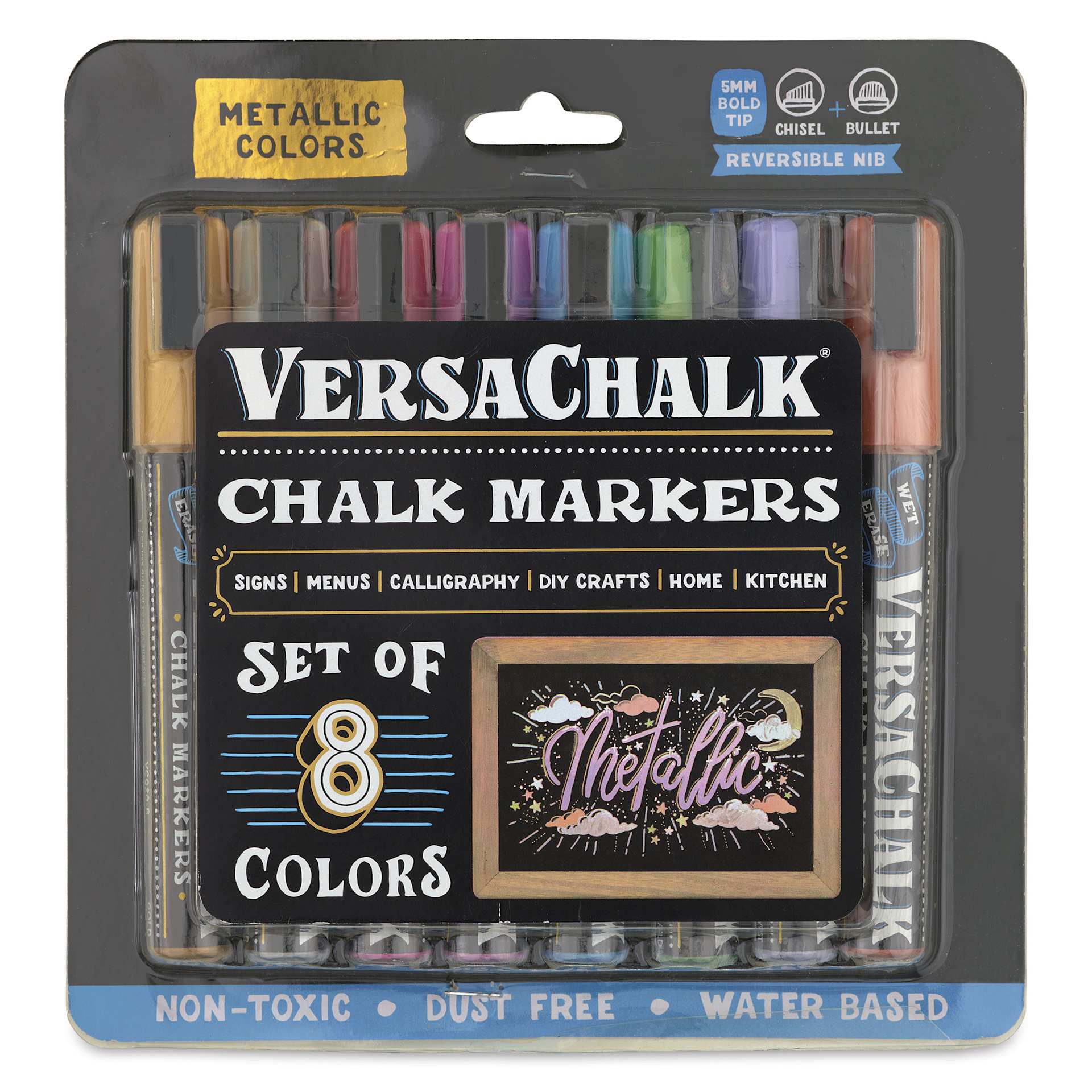 VersaChalk Wet Eraser Liquid Chalk Markers - Set of 8, Metallic Colors, Bold Tip, front of packaging