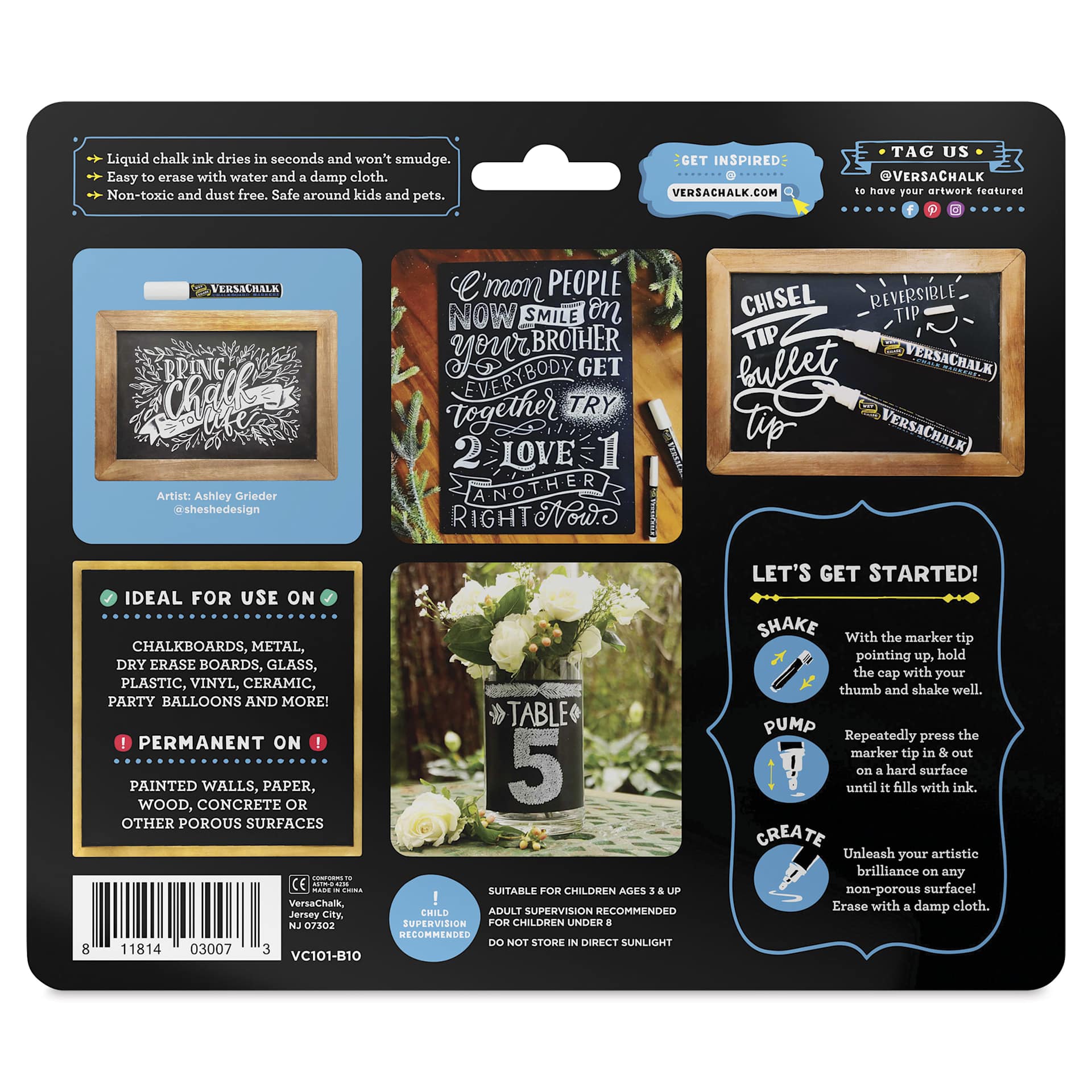VersaChalk Wet Erase Liquid Chalk Markers - White, 5 mm, Set of 10, Bold Tip, back of the pack