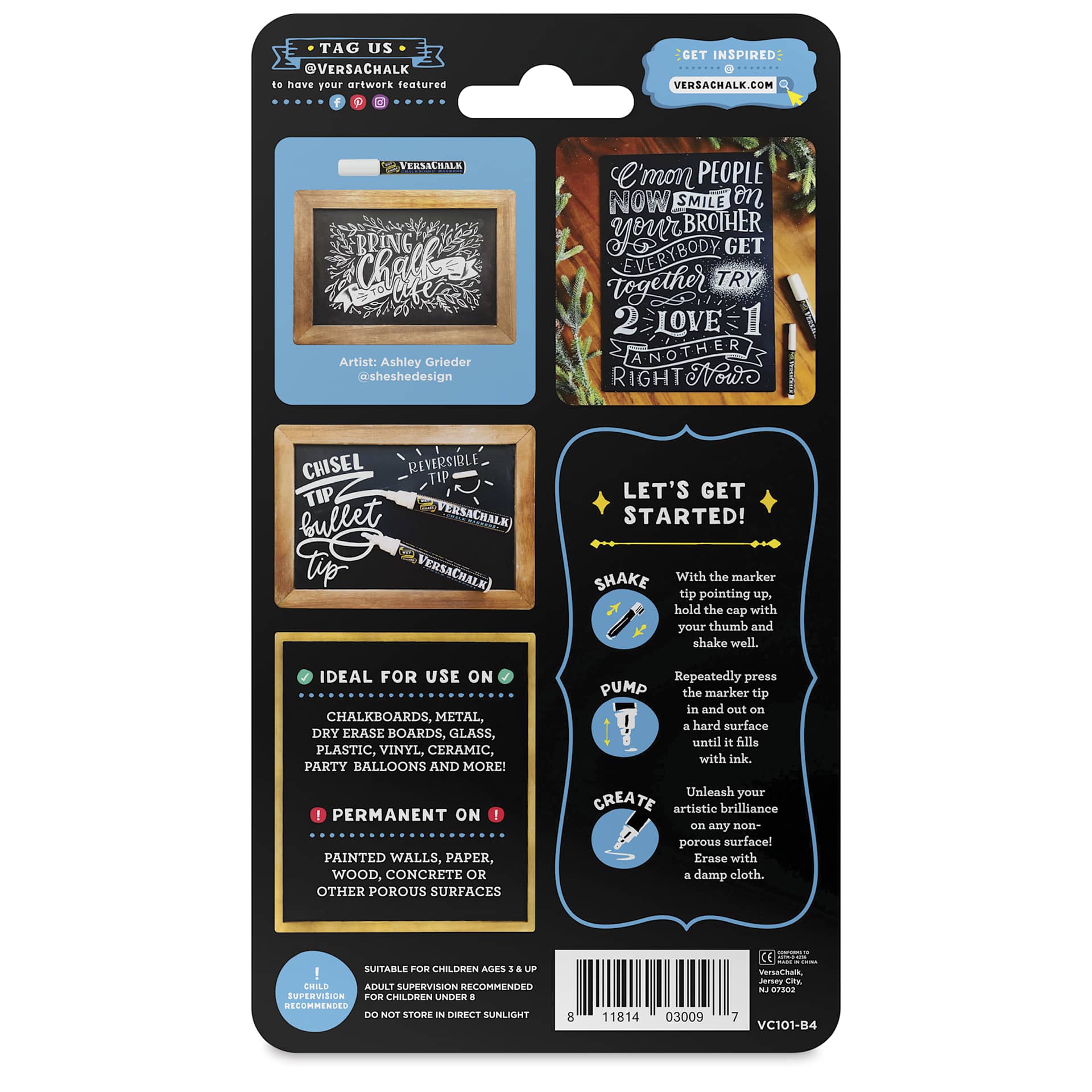 VersaChalk Wet Erase Liquid Chalk Markers - White, 5 mm, Set of 4, Bold Tip, back of the packaging