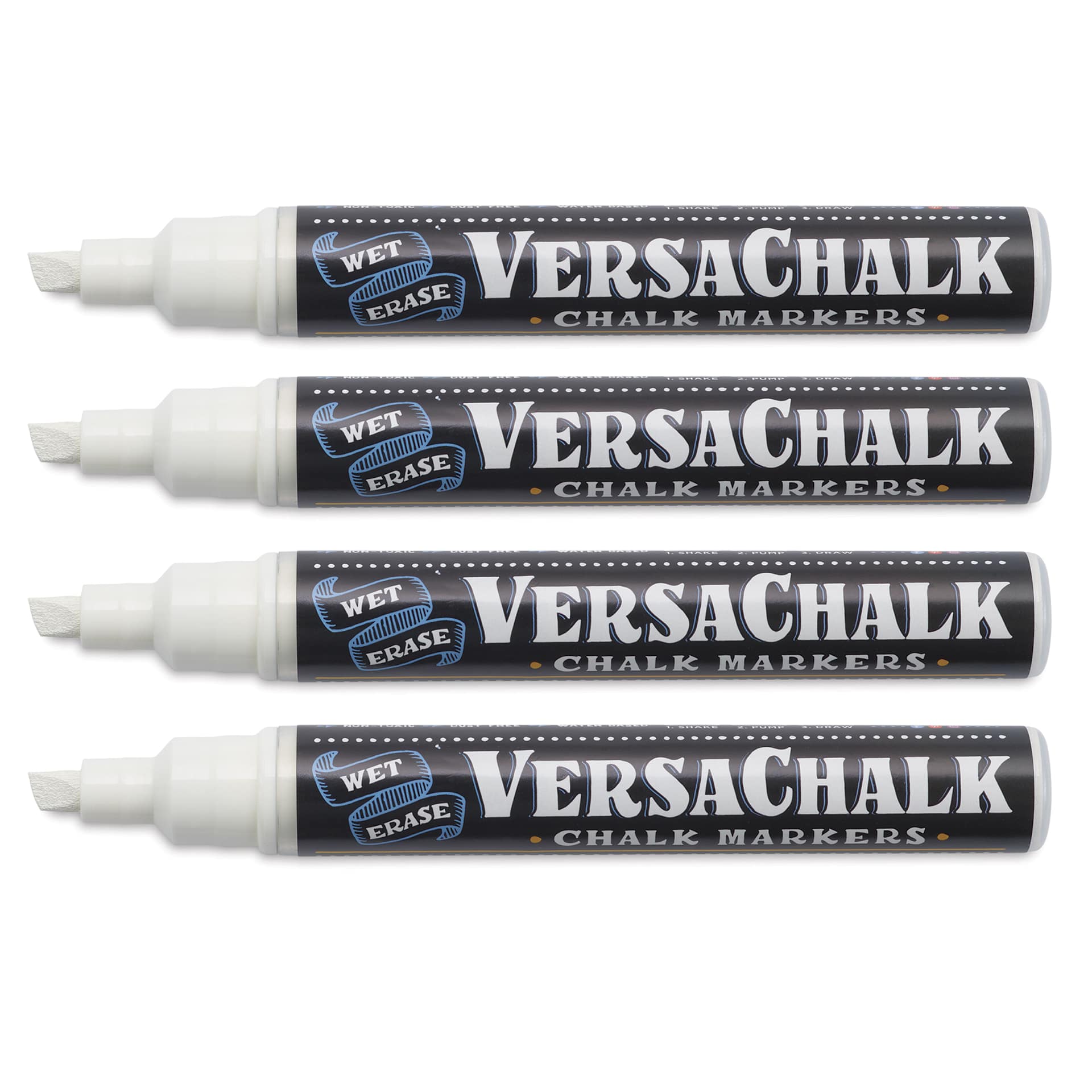 VersaChalk Wet Erase Liquid Chalk Markers - White, 5 mm, Set of 4, Bold Tip, cap off