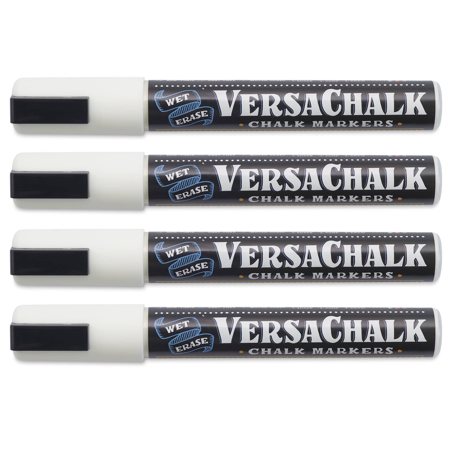 VersaChalk Wet Erase Liquid Chalk Markers - White, 5 mm, Set of 4, Bold Tip, cap on