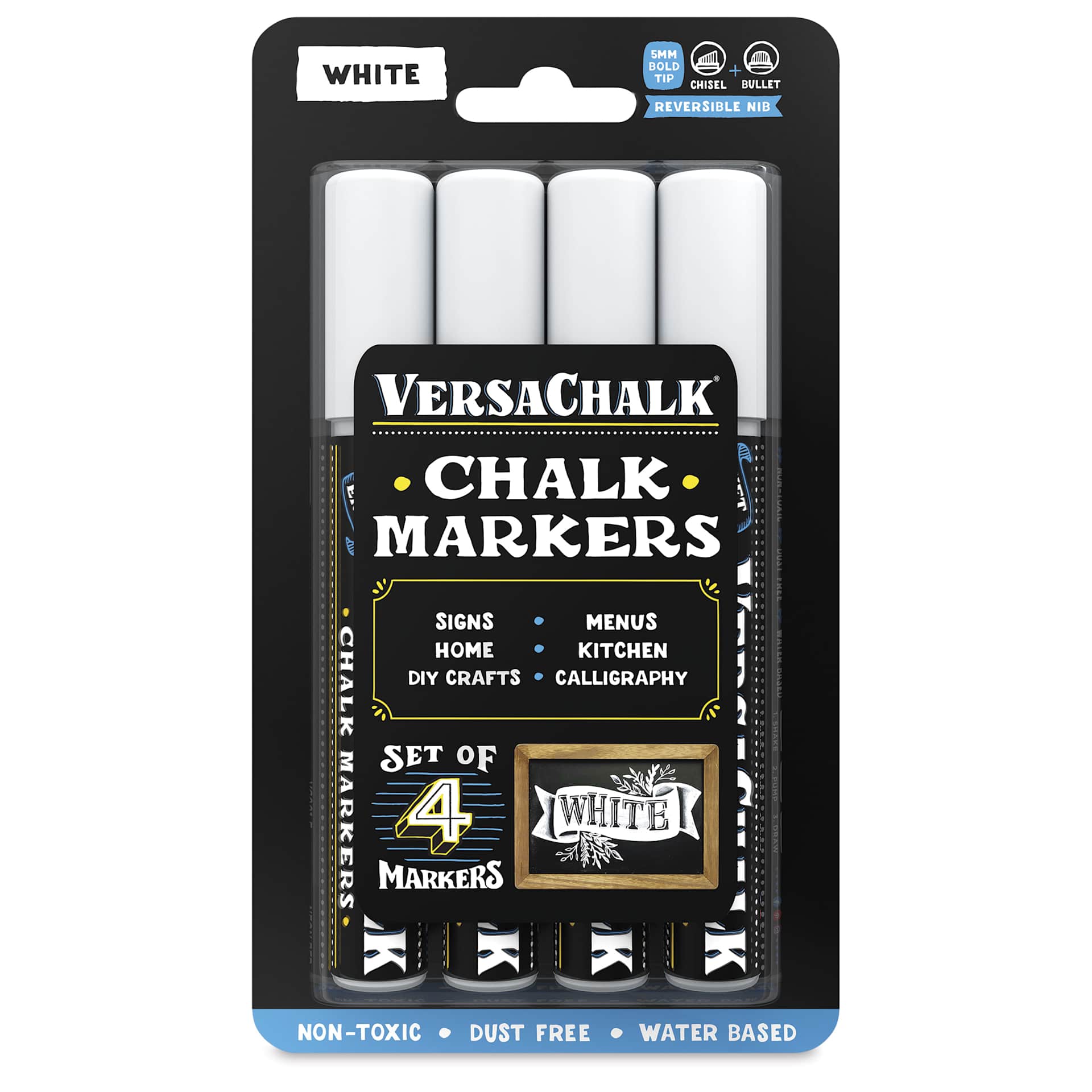 VersaChalk Wet Erase Liquid Chalk Markers - White, 5 mm, Set of 4, Bold Tip, front of the packaging