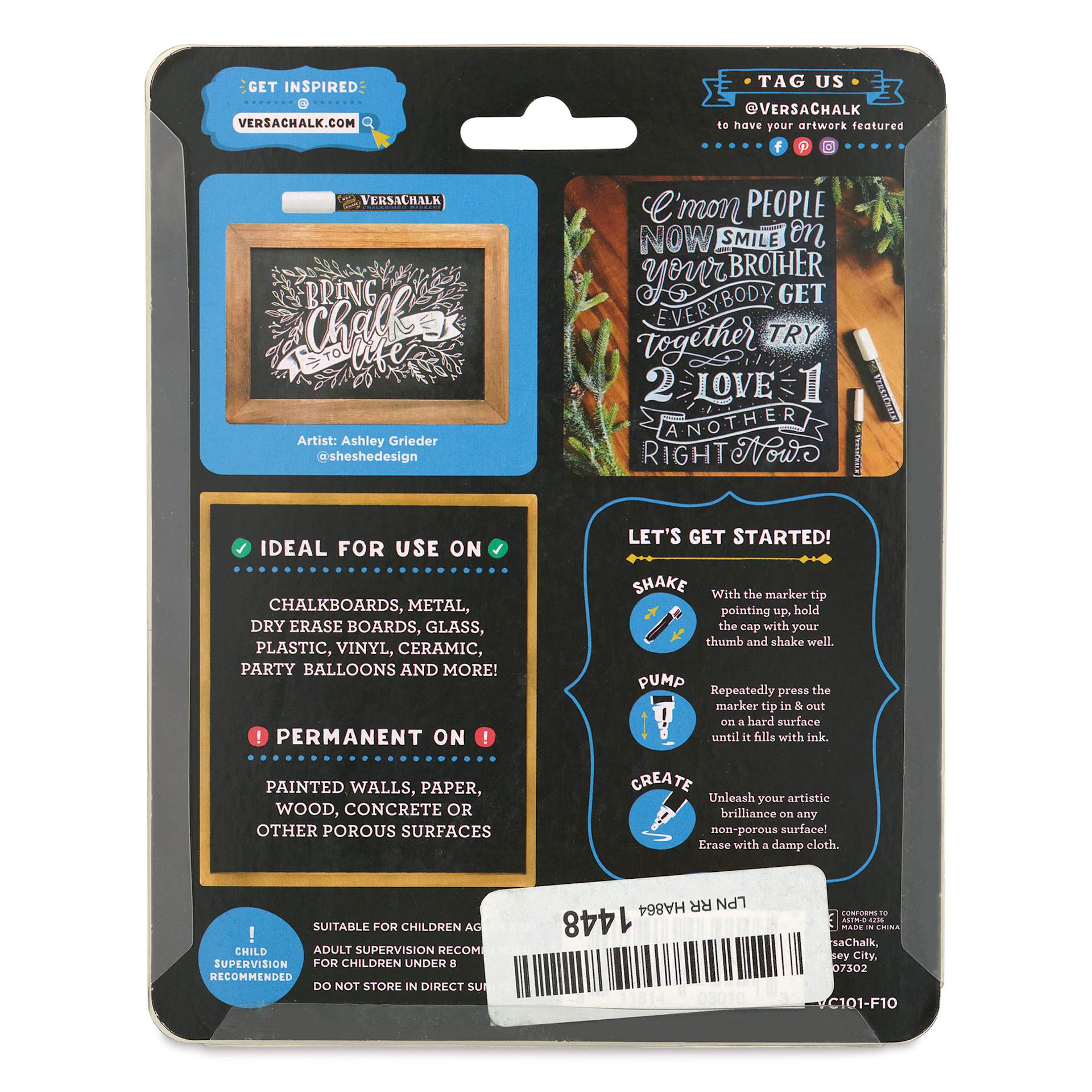 VersaChalk Wet Erase Liquid Chalk Markers - White, 3 mm, Set of 10, Fine Tip, back of pack