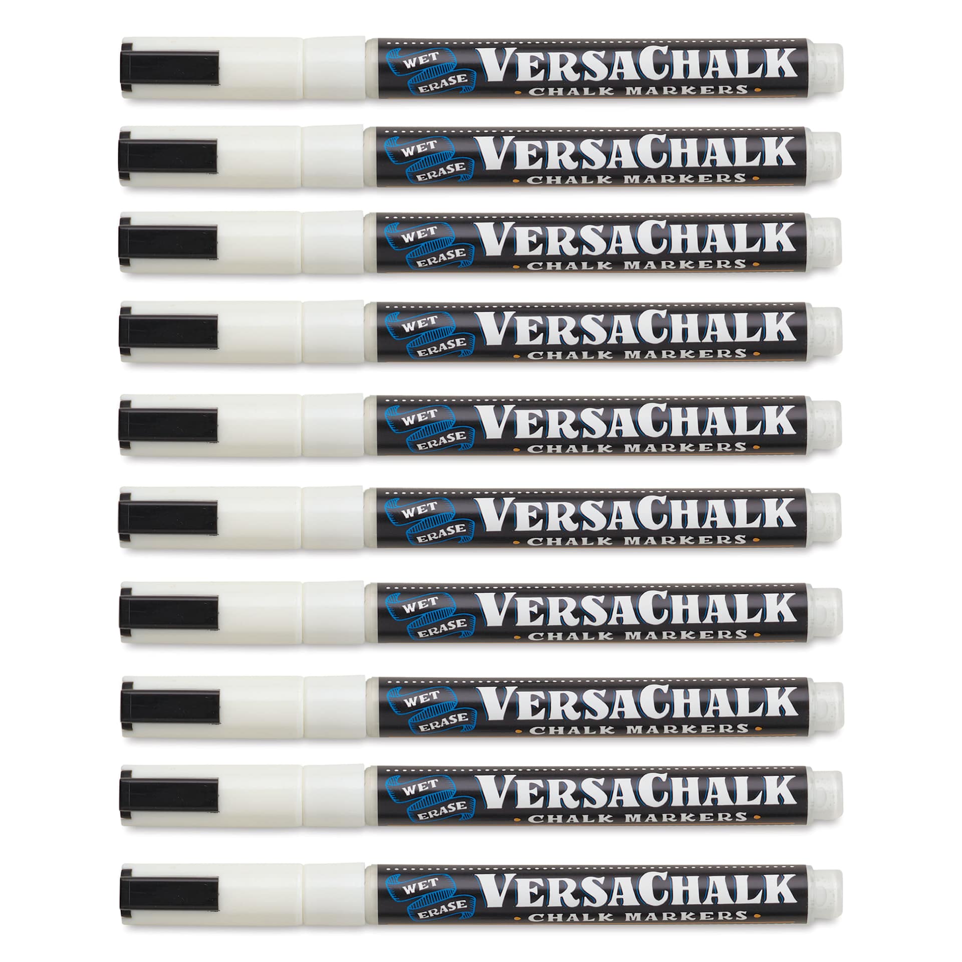 VersaChalk Wet Erase Liquid Chalk Markers - White, 3 mm, Set of 10, Fine Tip, cap on