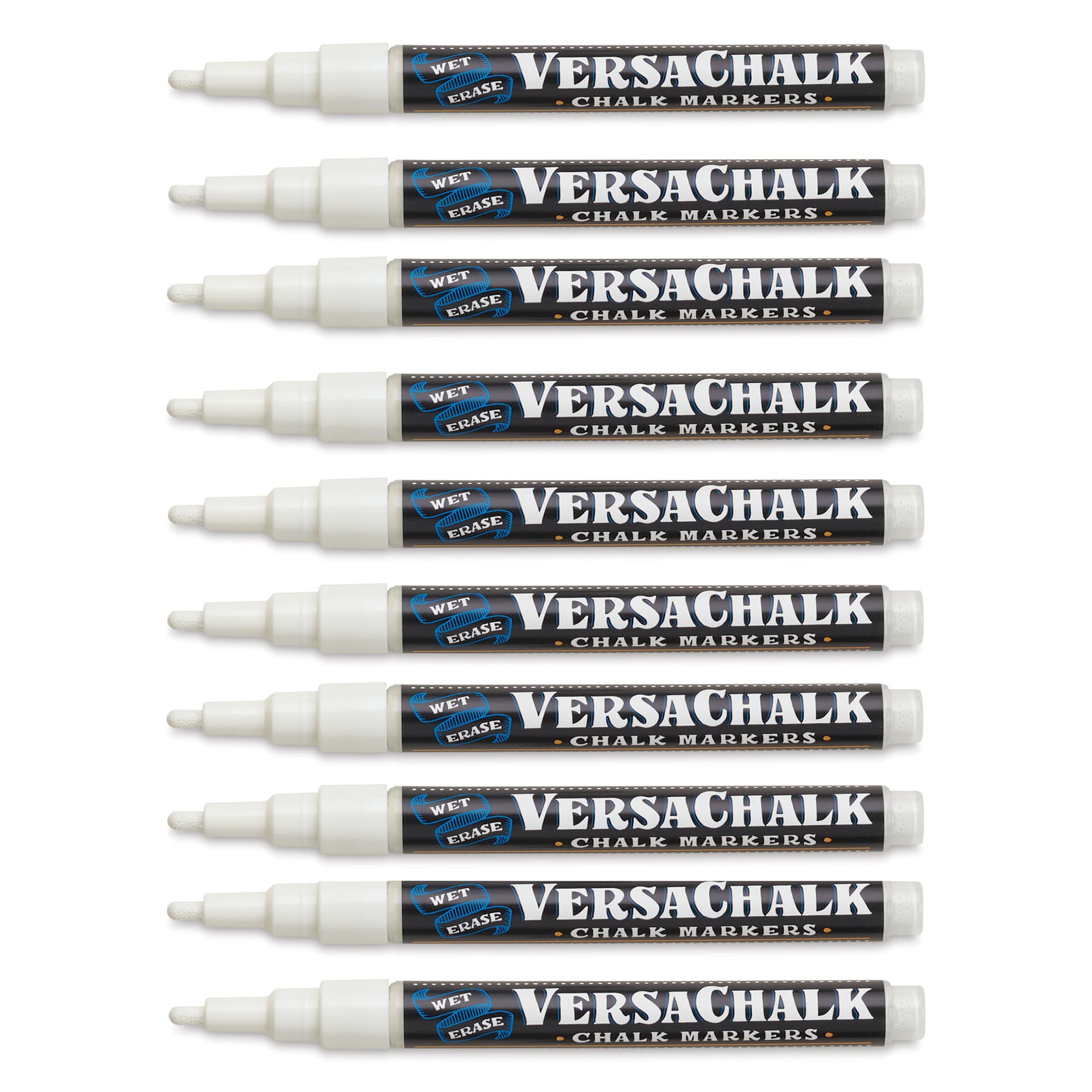 VersaChalk Wet Erase Liquid Chalk Markers - White, 3 mm, Set of 10, Fine Tip, cap of