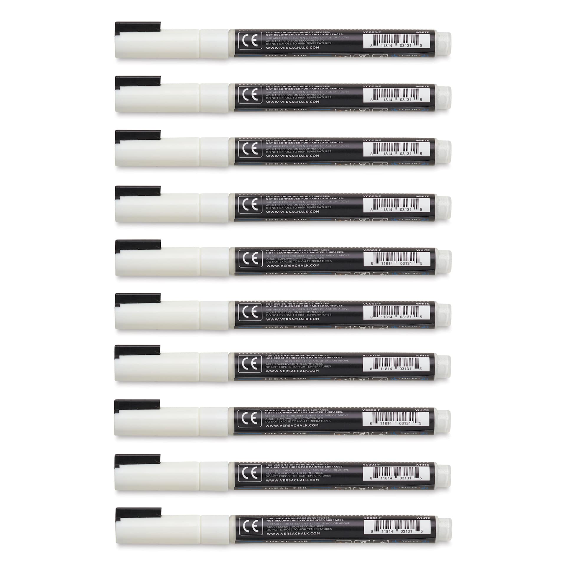 VersaChalk Wet Erase Liquid Chalk Markers - White, 3 mm, Set of 10, Fine Tip, back of marker barrel