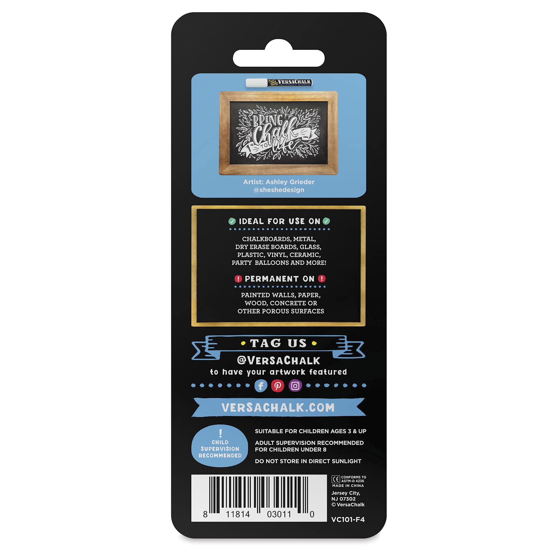 VersaChalk Wet Erase Liquid Chalk Markers - White, 3 mm, Set of 4, Fine Tip, back of the packaging