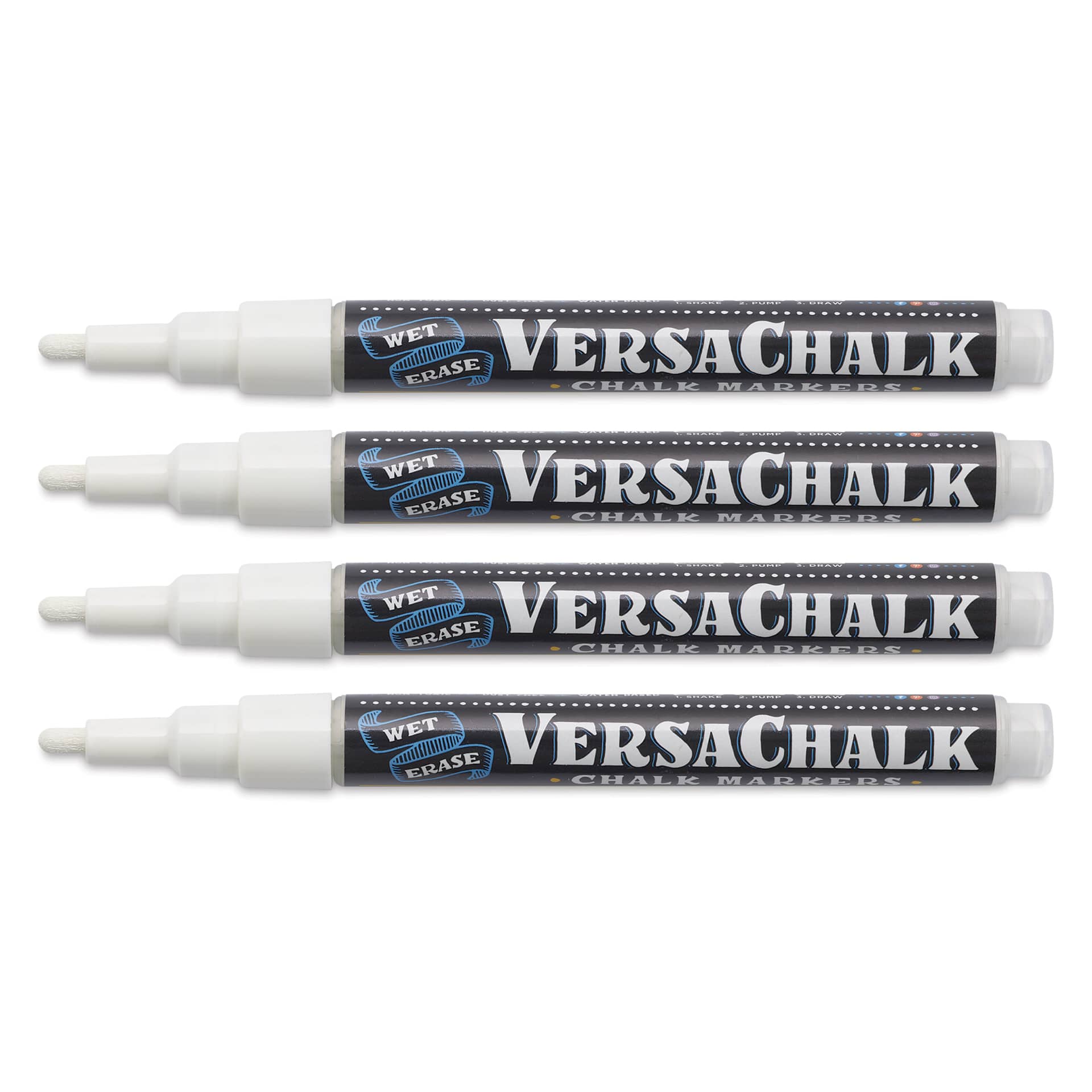 VersaChalk Wet Erase Liquid Chalk Markers - White, 3 mm, Set of 4, Fine Tip, cap off