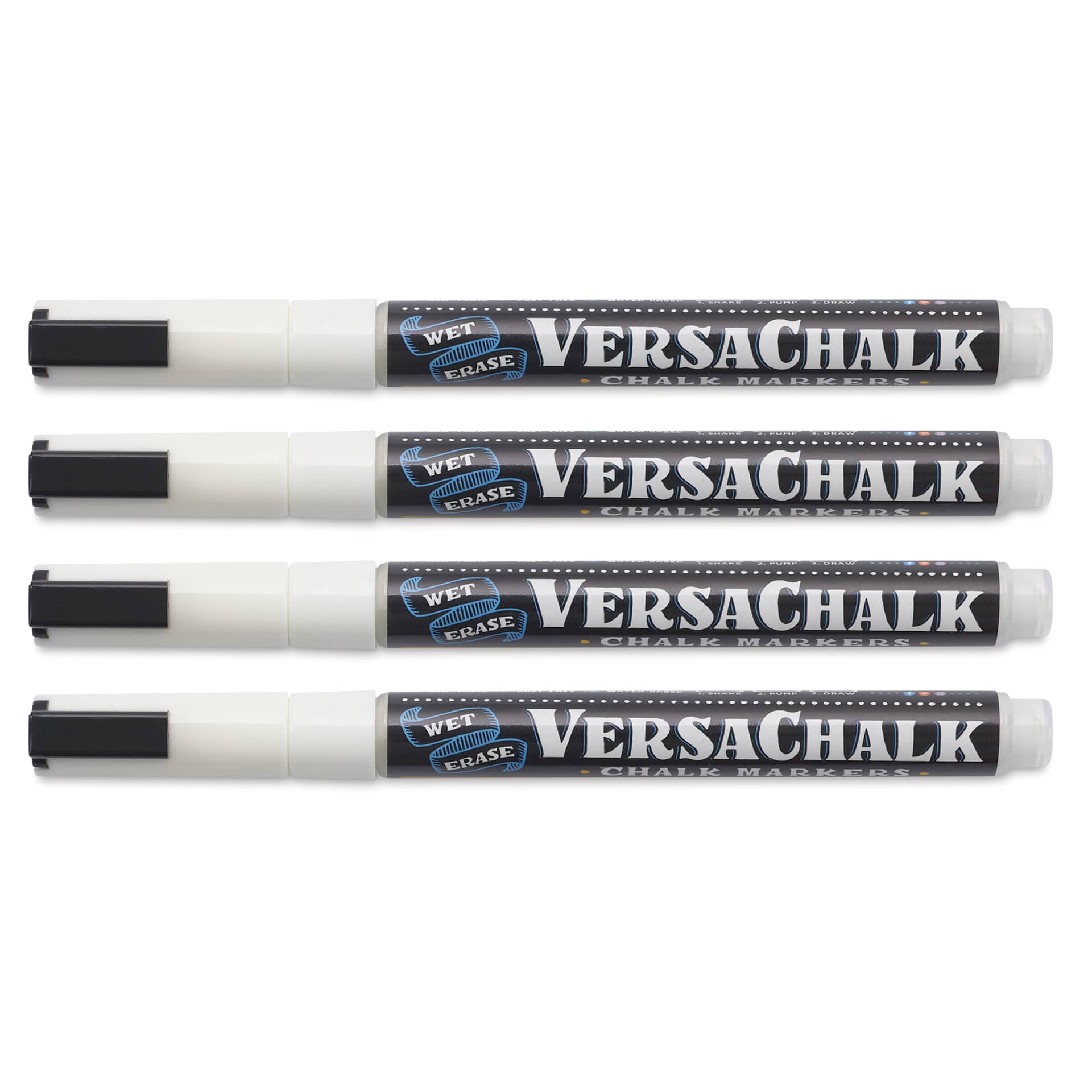 VersaChalk Wet Erase Liquid Chalk Markers - White, 3 mm, Set of 4, Fine Tip, cap on