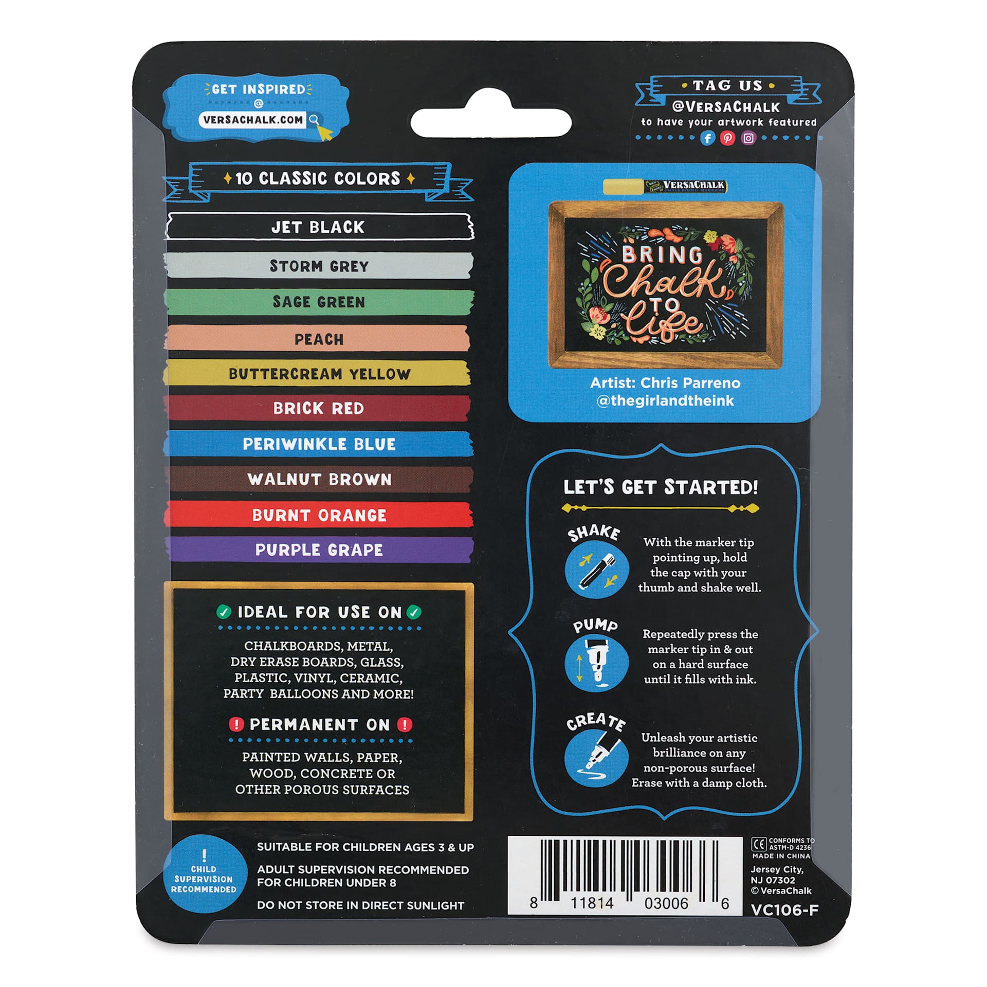 VersaChalk Wet Erase Liquid Chalk Markers - Classic Colors, 3 mm, Set of 10, Fine Tip, back of the pack