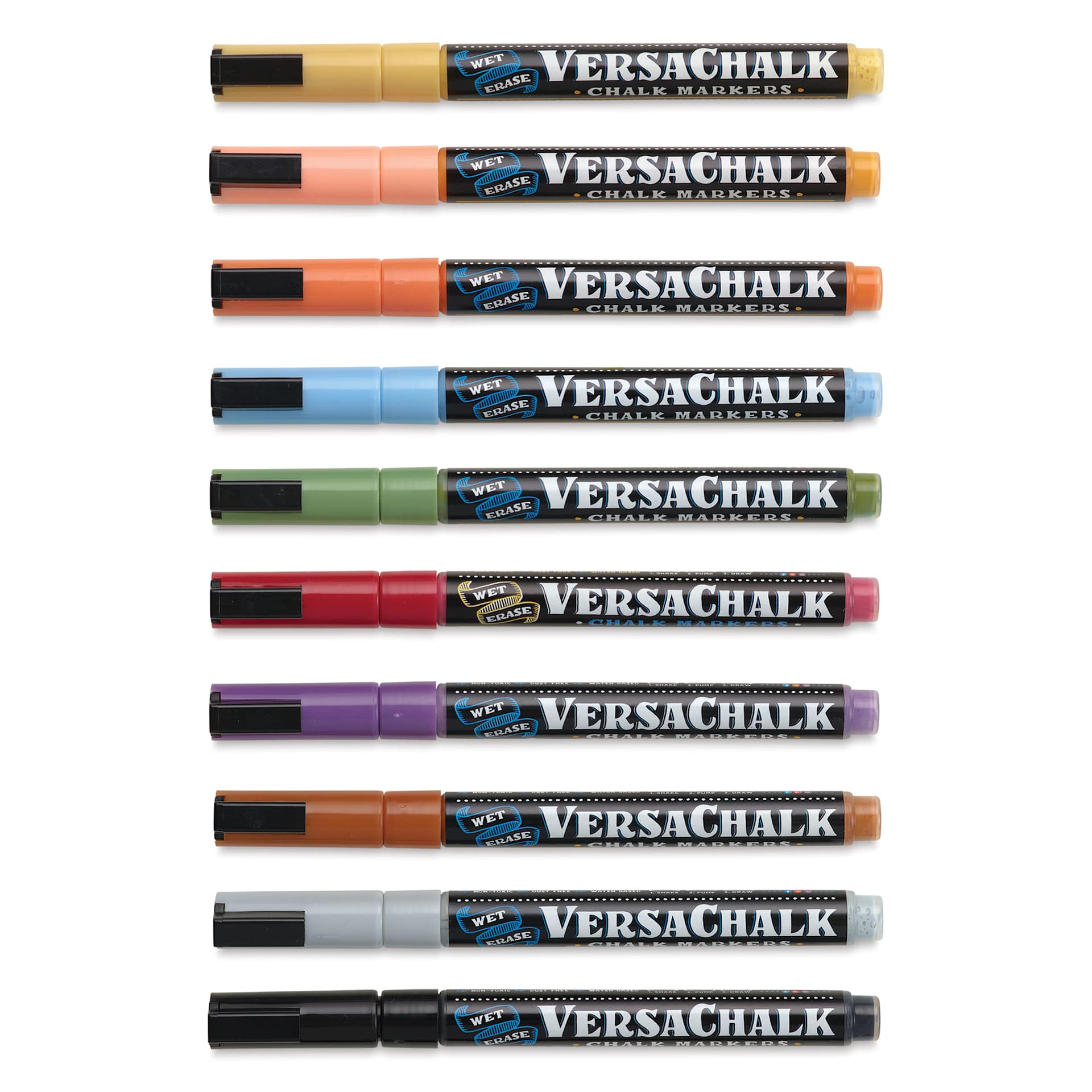 VersaChalk Wet Erase Liquid Chalk Markers - Classic Colors, 3 mm, Set of 10, Fine Tip, cap on