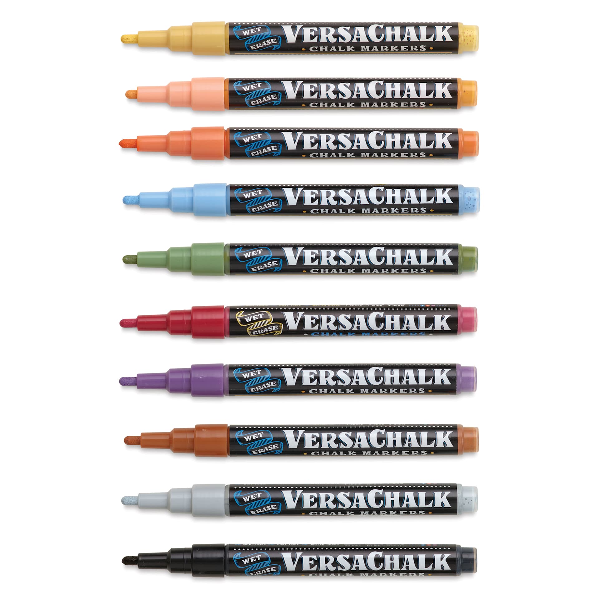 VersaChalk Wet Erase Liquid Chalk Markers - Classic Colors, 3 mm, Set of 10, Fine Tip, cap off