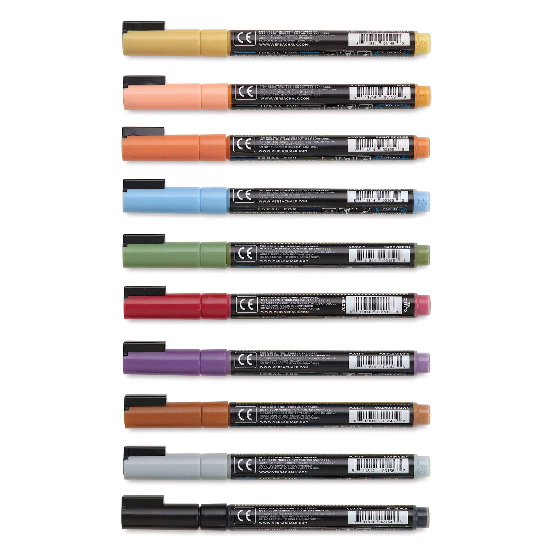 VersaChalk Wet Erase Liquid Chalk Markers - Classic Colors, 3 mm, Set of 10, Fine Tip, back of marker barrel