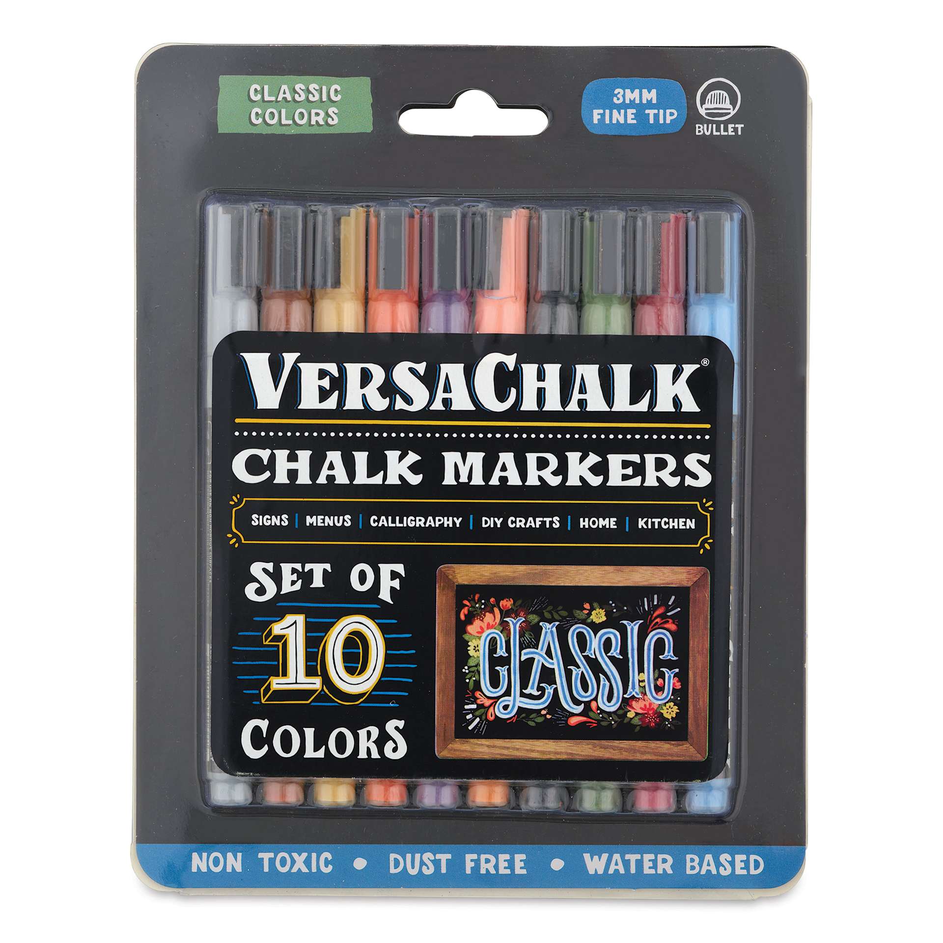 VersaChalk Wet Erase Liquid Chalk Markers - Classic Colors, 3 mm, Set of 10, Fine Tip, front of pack