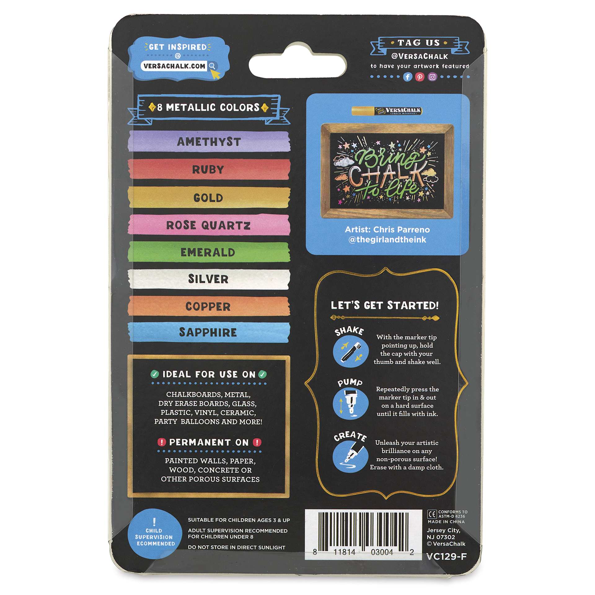 VersaChalk Wet Erase Liquid Chalk Markers - Metallic Colors, 3 mm, Set of 8, Fine Tip, back of pack