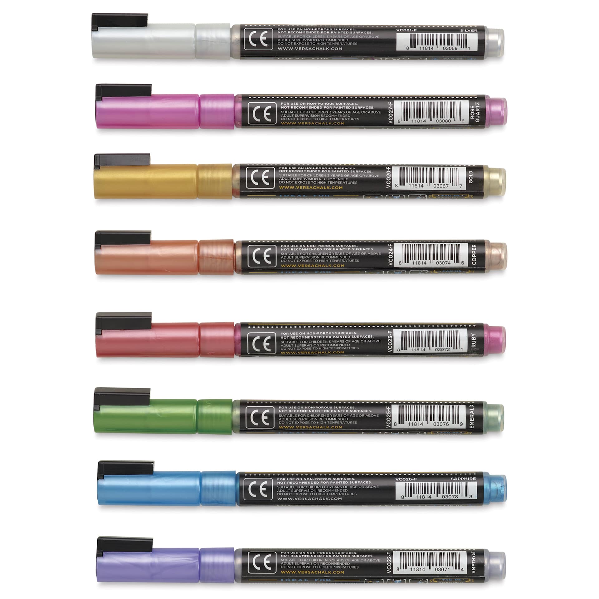 VersaChalk Wet Erase Liquid Chalk Markers - Metallic Colors, 3 mm, Set of 8, Fine Tip, back of marker barrel