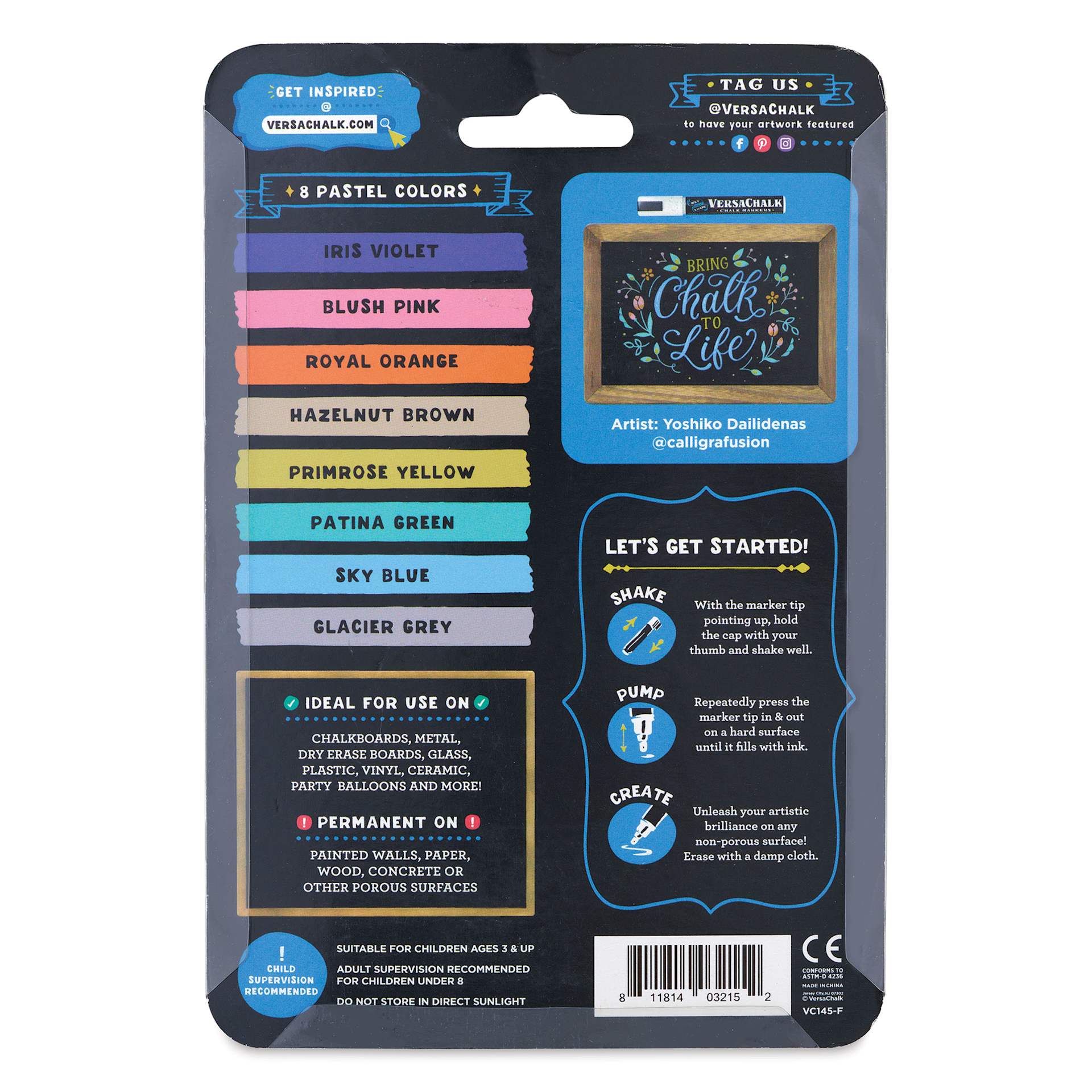VersaChalk Wet Erase Liquid Chalk Markers - Pastel Colors, 3 mm, Set of 8, Fine Tip, back of pack
