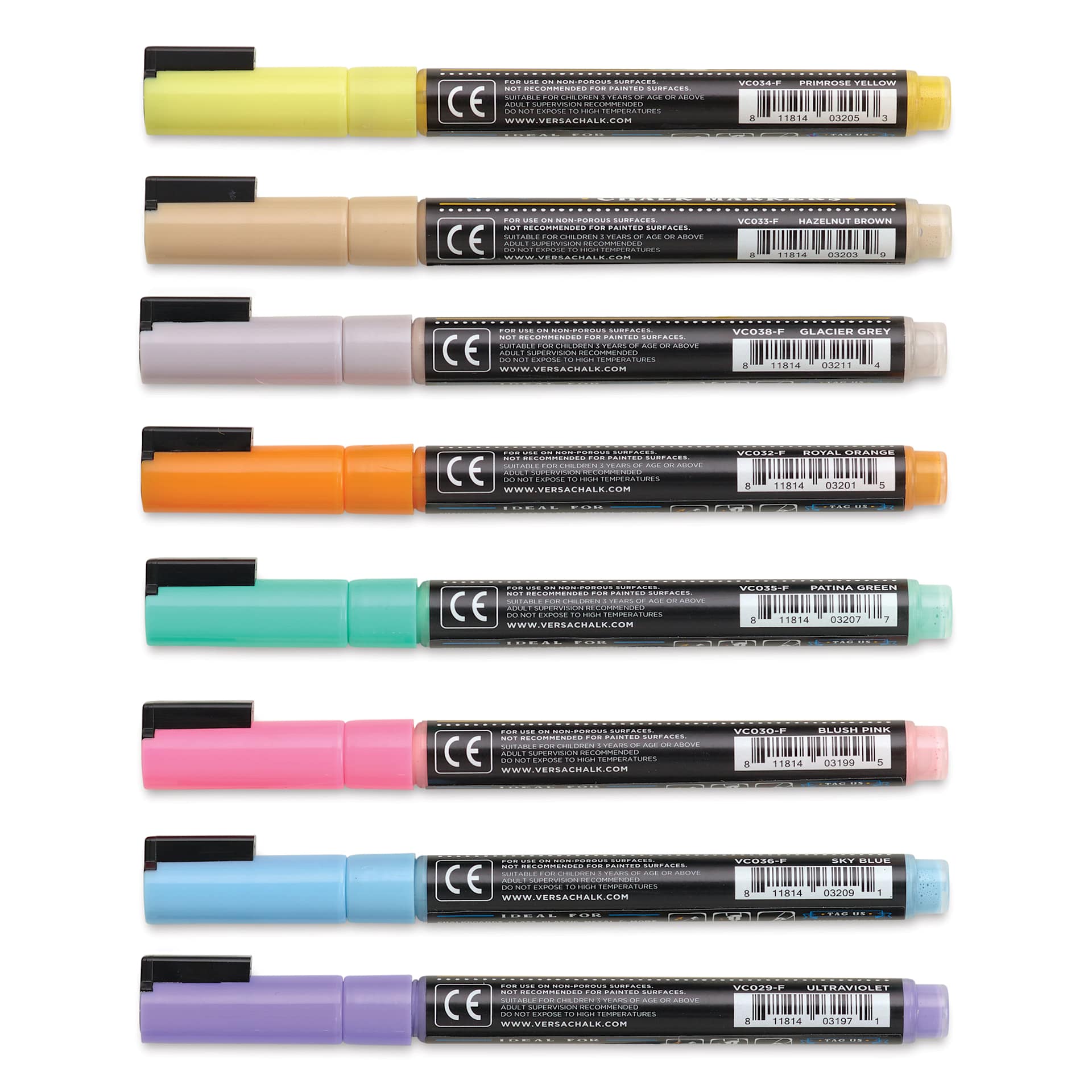 VersaChalk Wet Erase Liquid Chalk Markers - Pastel Colors, 3 mm, Set of 8, Fine Tip, back of marker barrel