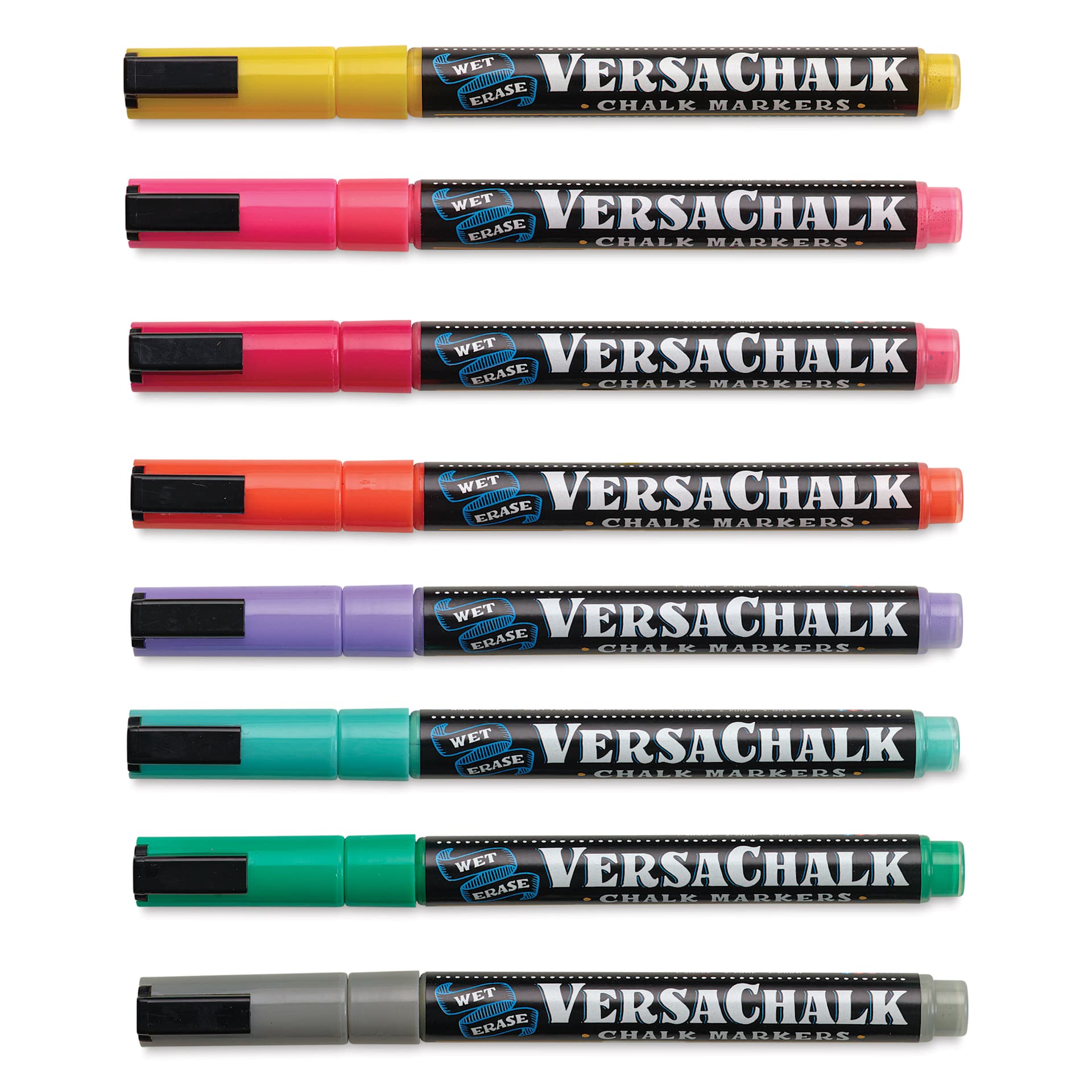VersaChalk Wet Erase Liquid Chalk Markers - Vivid Colors, 3 mm, Set of 8, Fine Tip, cap on